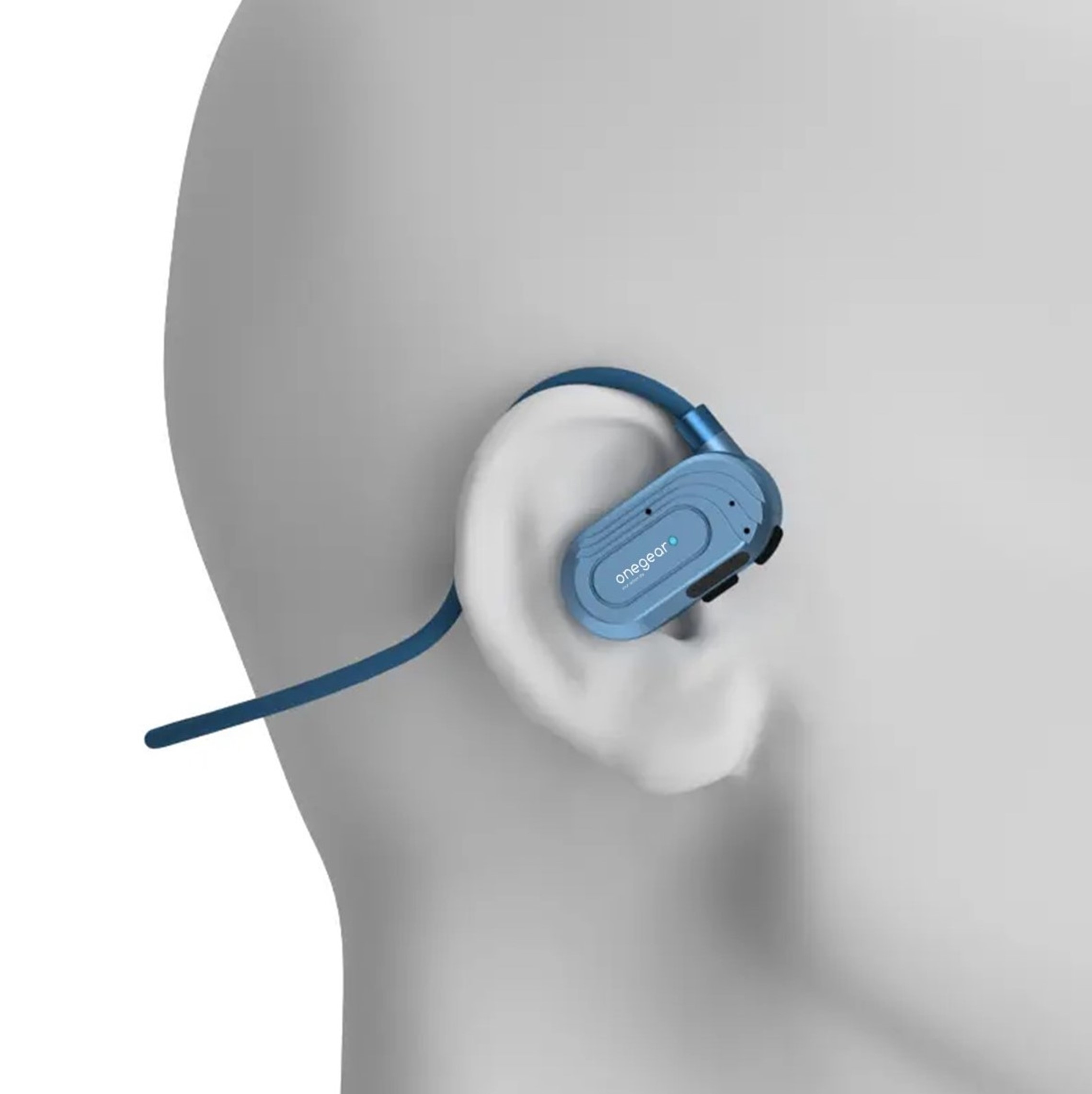 Un auricolare blu è indossato da una persona. Lo sfondo è un volto in scala di grigi.