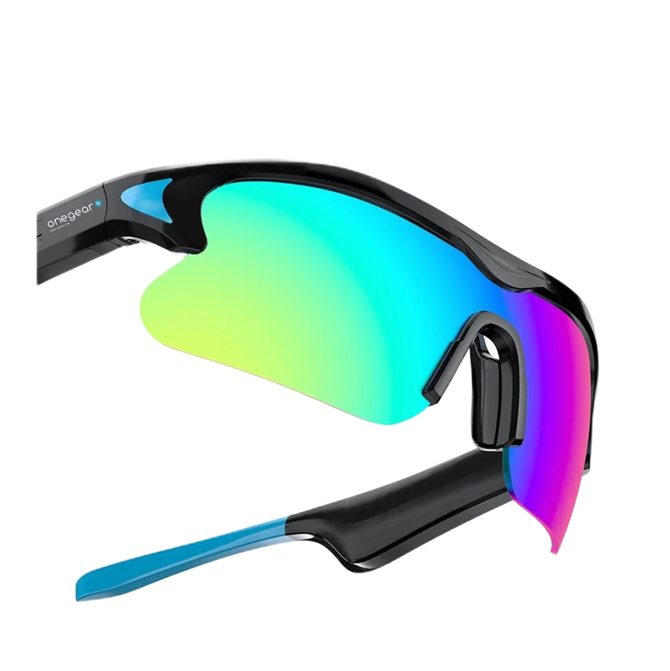 Occhiali da sole sportivi con dettagli blu e lenti multicolore.