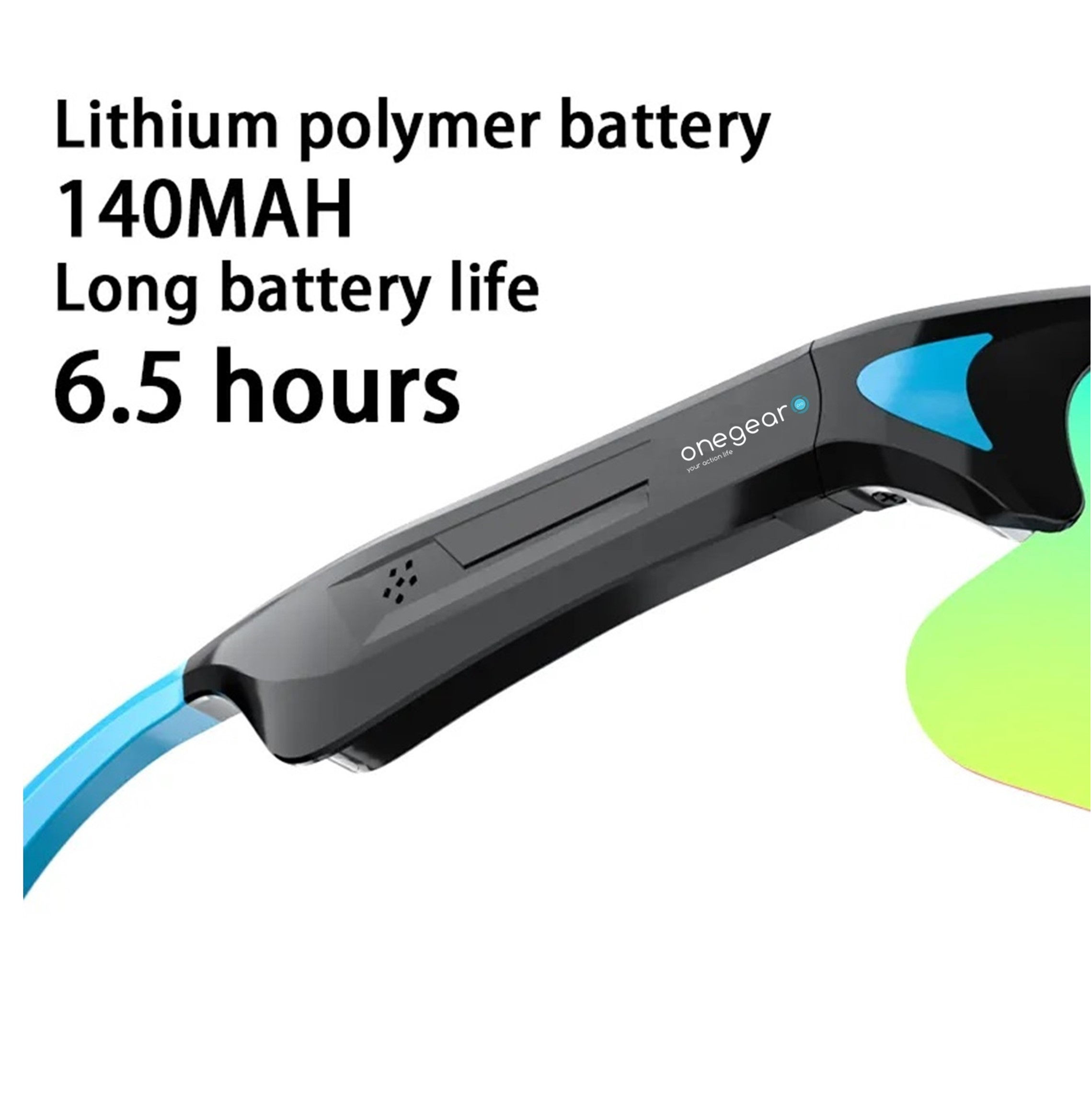 Occhiali neri e blu con testo che indica 6,5 ore di durata della batteria.