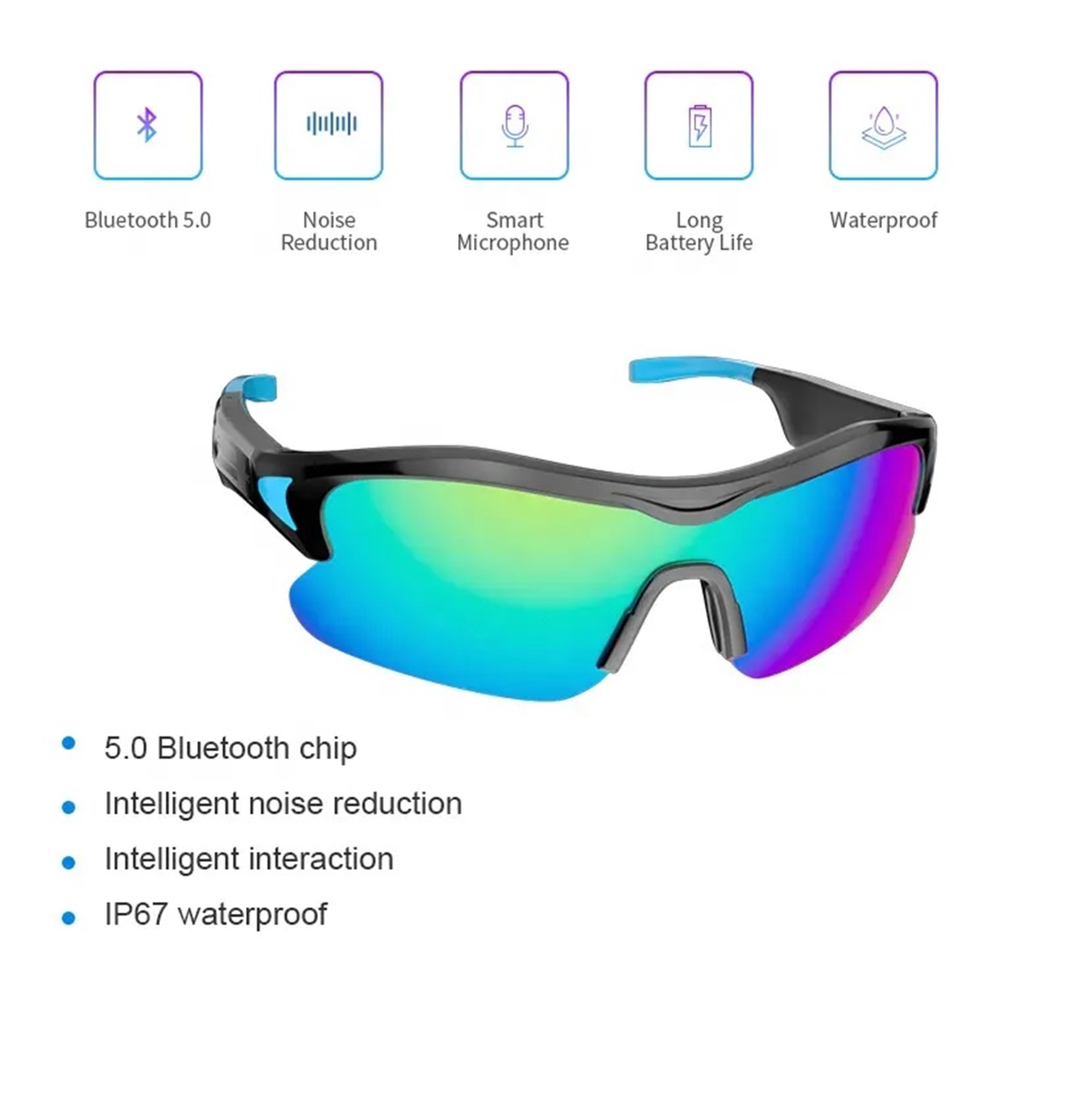Occhiali da sole sportivi, montatura nera con lenti blu e viola. Bluetooth e riduzione del rumore.