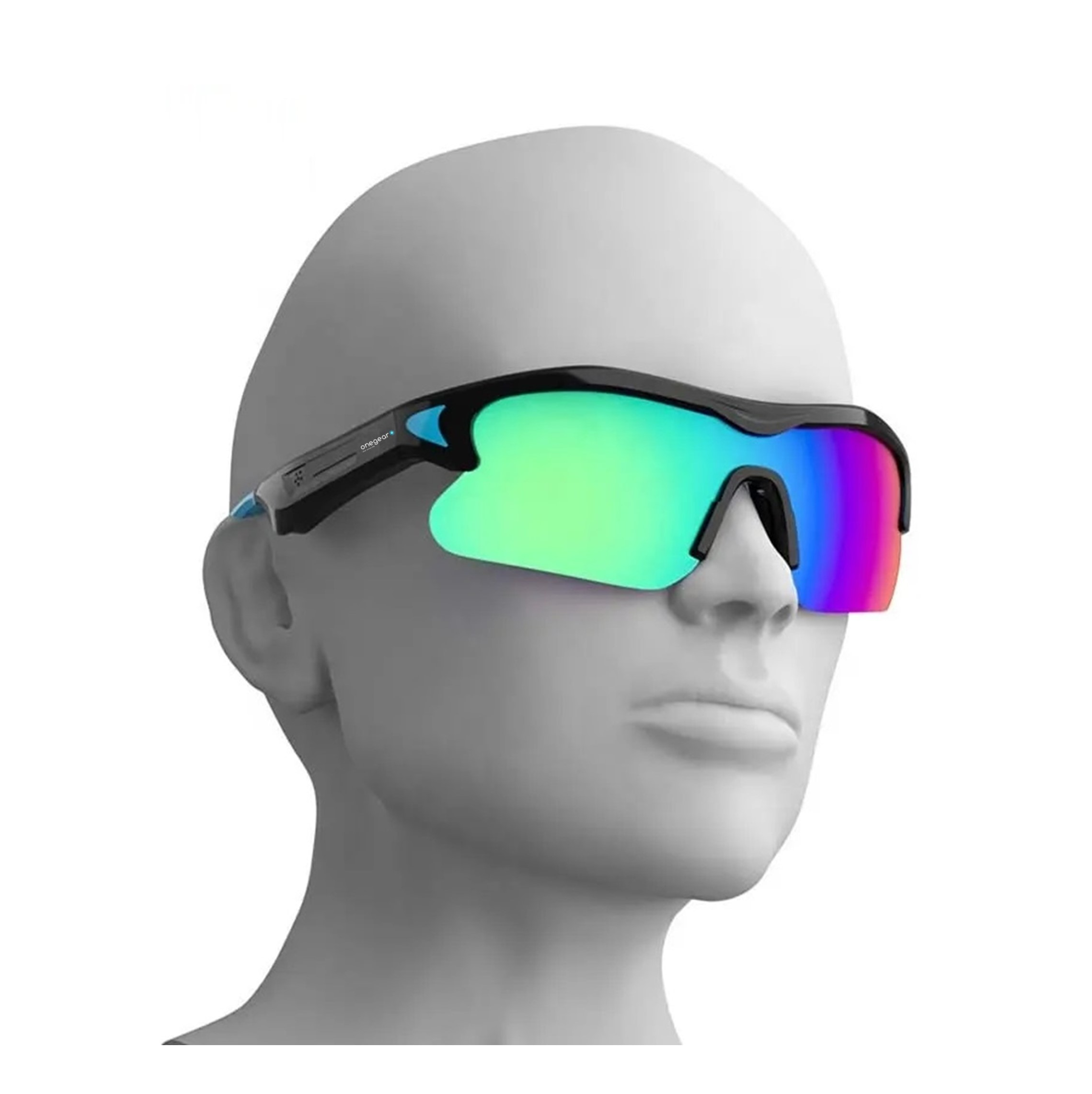 Una testa di manichino che indossa occhiali da sole sportivi con lente arcobaleno e montatura nera.