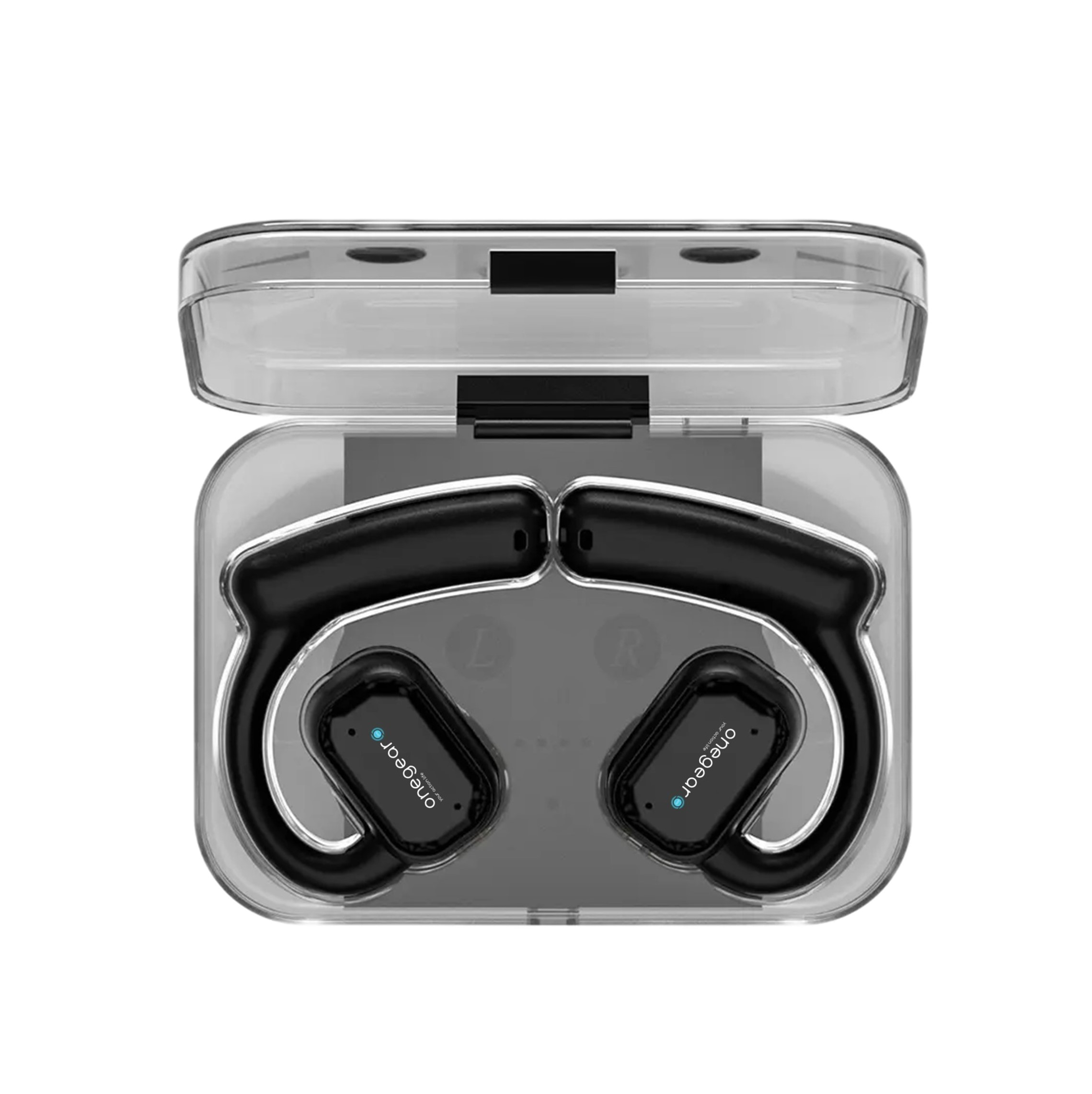 Auricolari wireless onegear neri in una custodia trasparente. Gli auricolari hanno un design curvo.