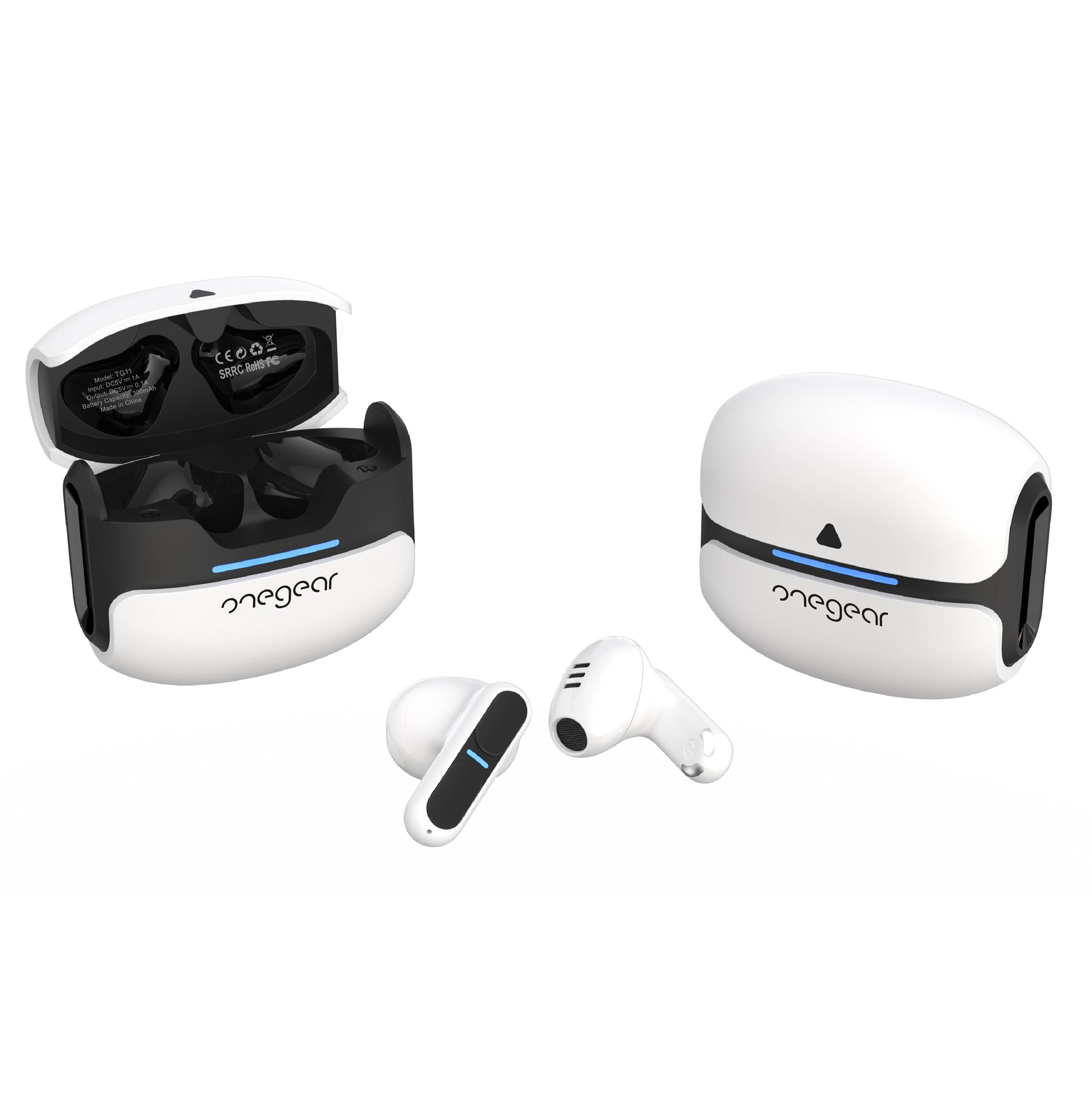 Auricolari bianchi e neri, una custodia aperta, una custodia di ricarica, su bianco.