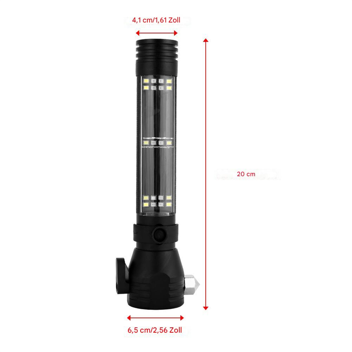 Taschenlampe mit Maßen in cm und Zoll. Schwarzer Körper mit Glasfront. Weißer Hintergrund.