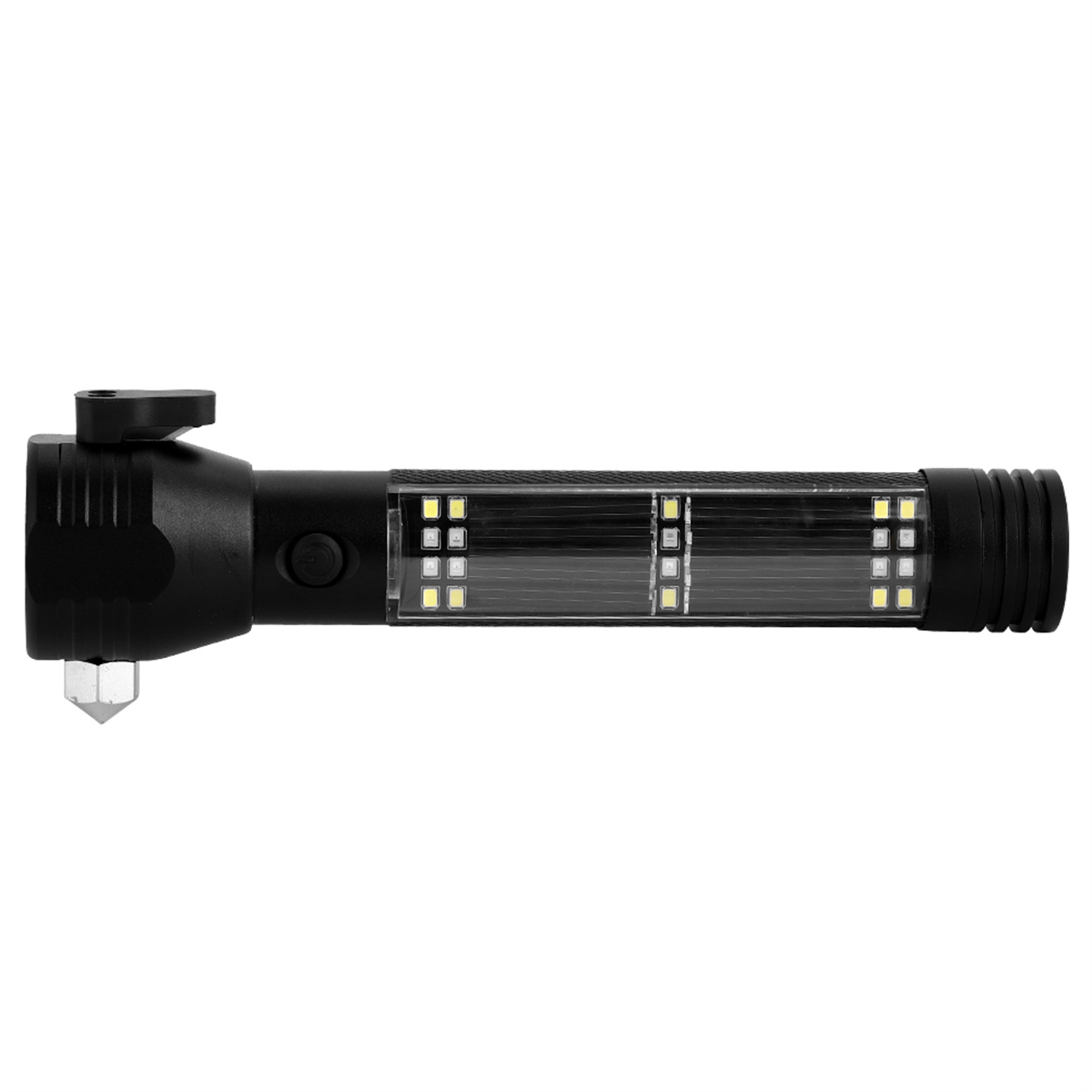 Eine schwarze Taschenlampe mit LED-Panel, Glasschneider und Knopf auf weißem Hintergrund.