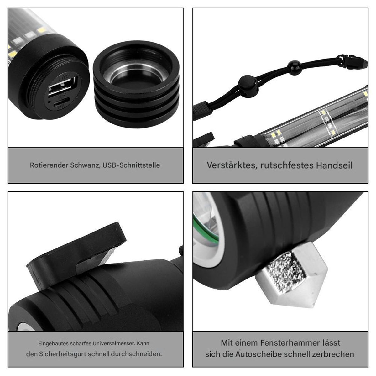 Vier Bilder, die ein Taschenlampendesign mit drehbarem Heck, USB-Anschluss, Griff und Fensterbrecher detaillieren.