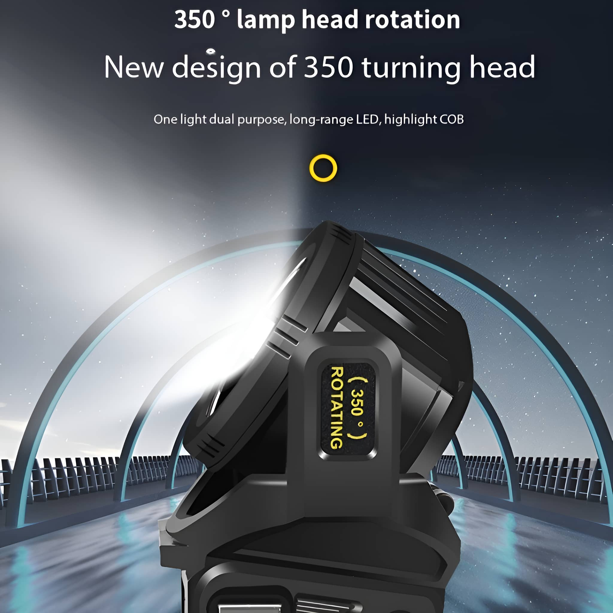 Eine schwarze Lampe mit drehbarem Kopf, die die 350-Grad-Drehfunktion hervorhebt, mit verschwommenem Hintergrund.