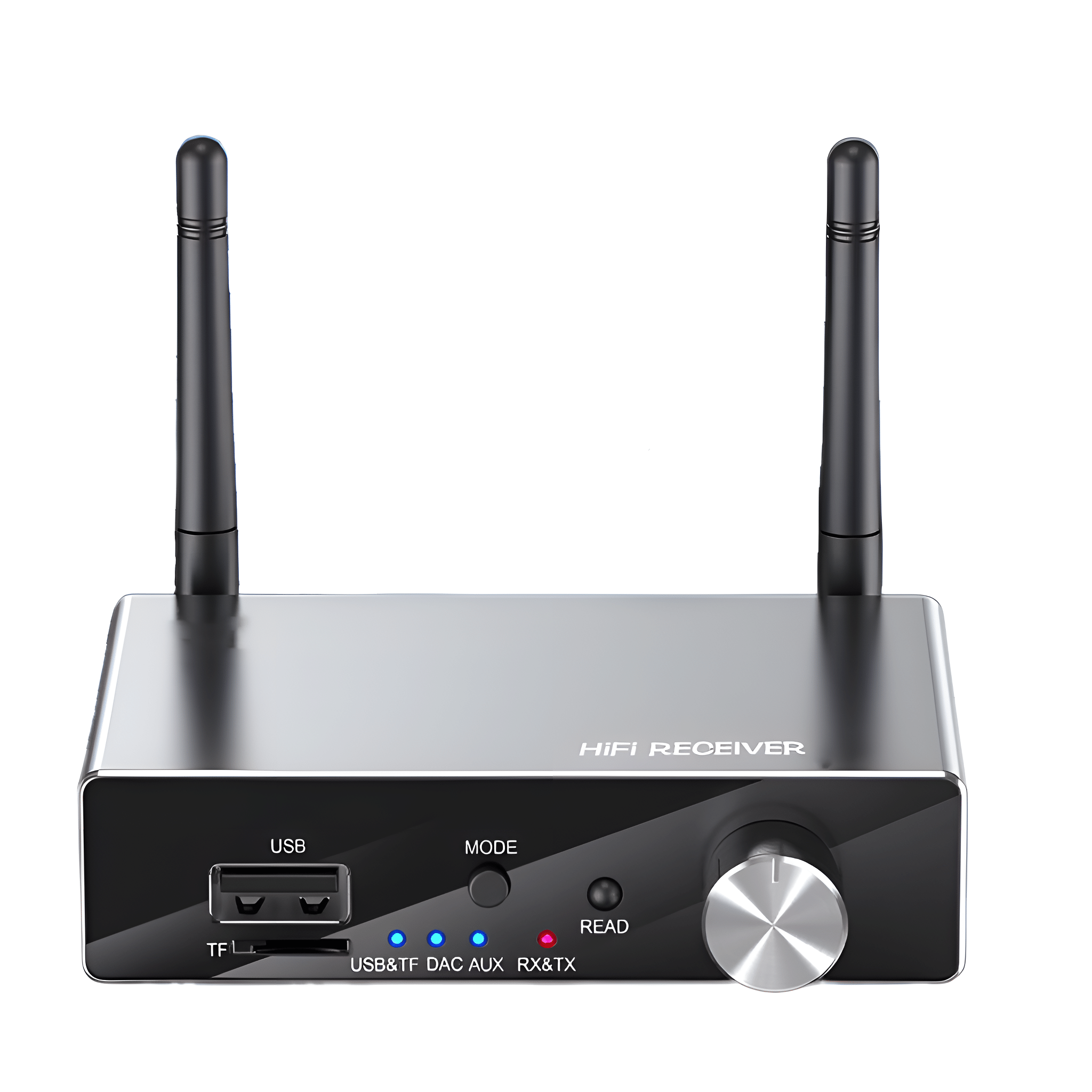 Schwarzer HiFi-Empfänger mit Antennen, USB und Bedientasten. Liest USB, TF, DAC, AUX, RX und TX.