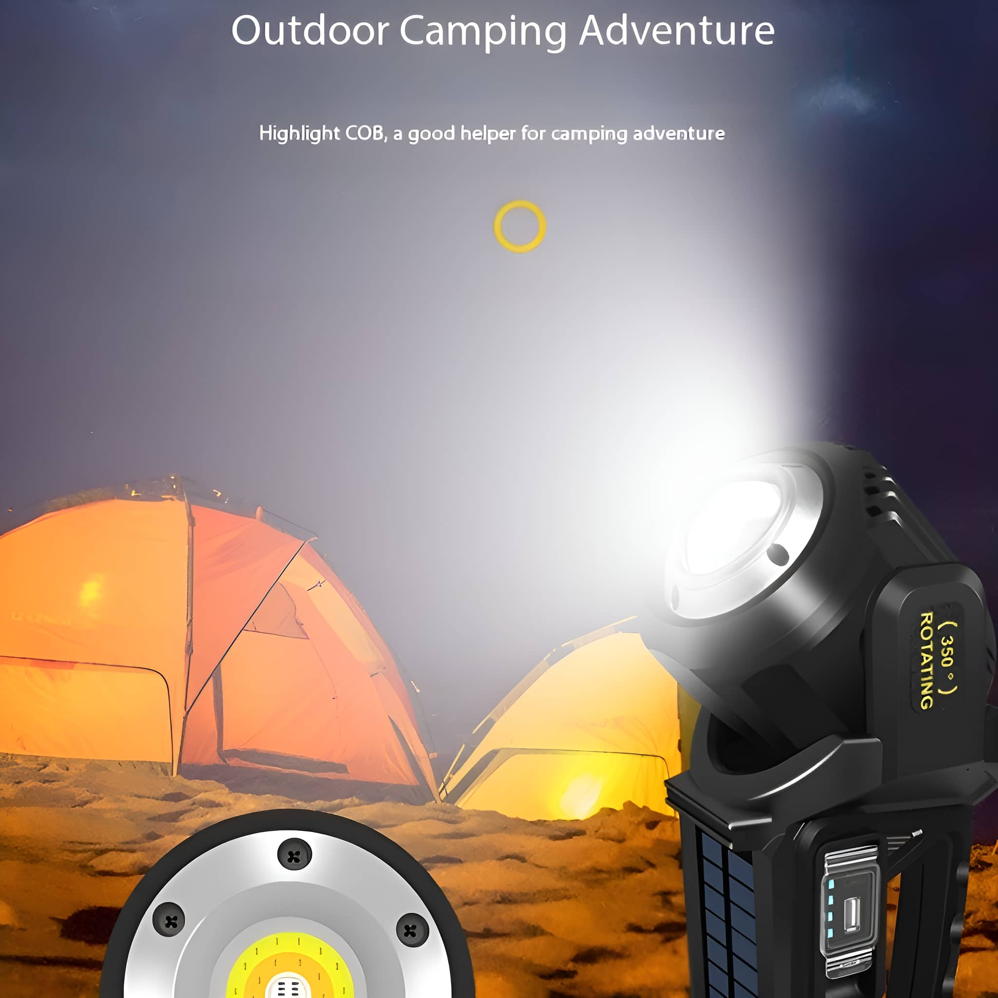 Schwarze Taschenlampe, die Licht auf ein Zelt in einer Camping-Szene wirft, mit Text über Outdoor-Abenteuer.