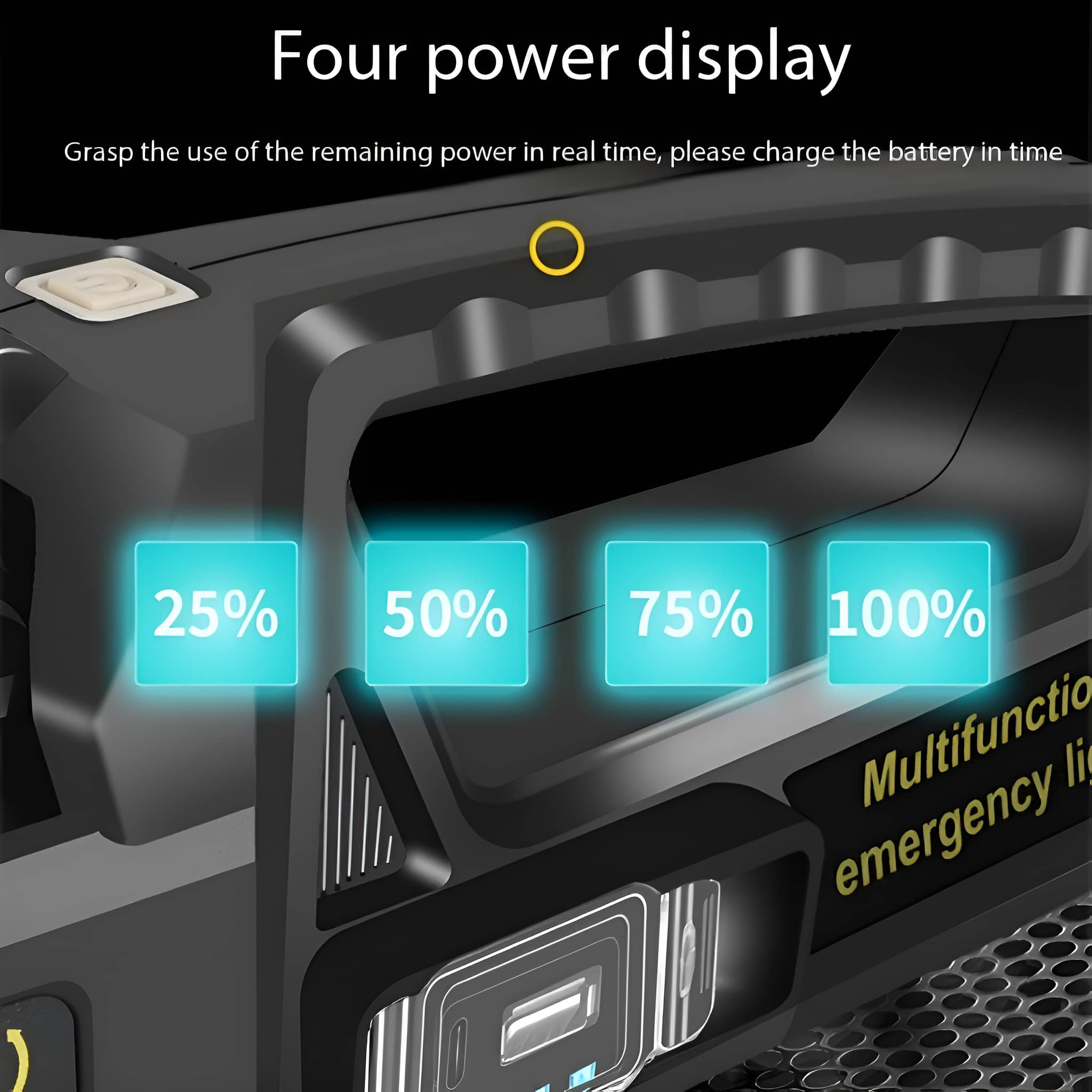 Power-Anzeige mit 25 %, 50 %, 75 % und 100 % Akkuladung auf einem Gerät.