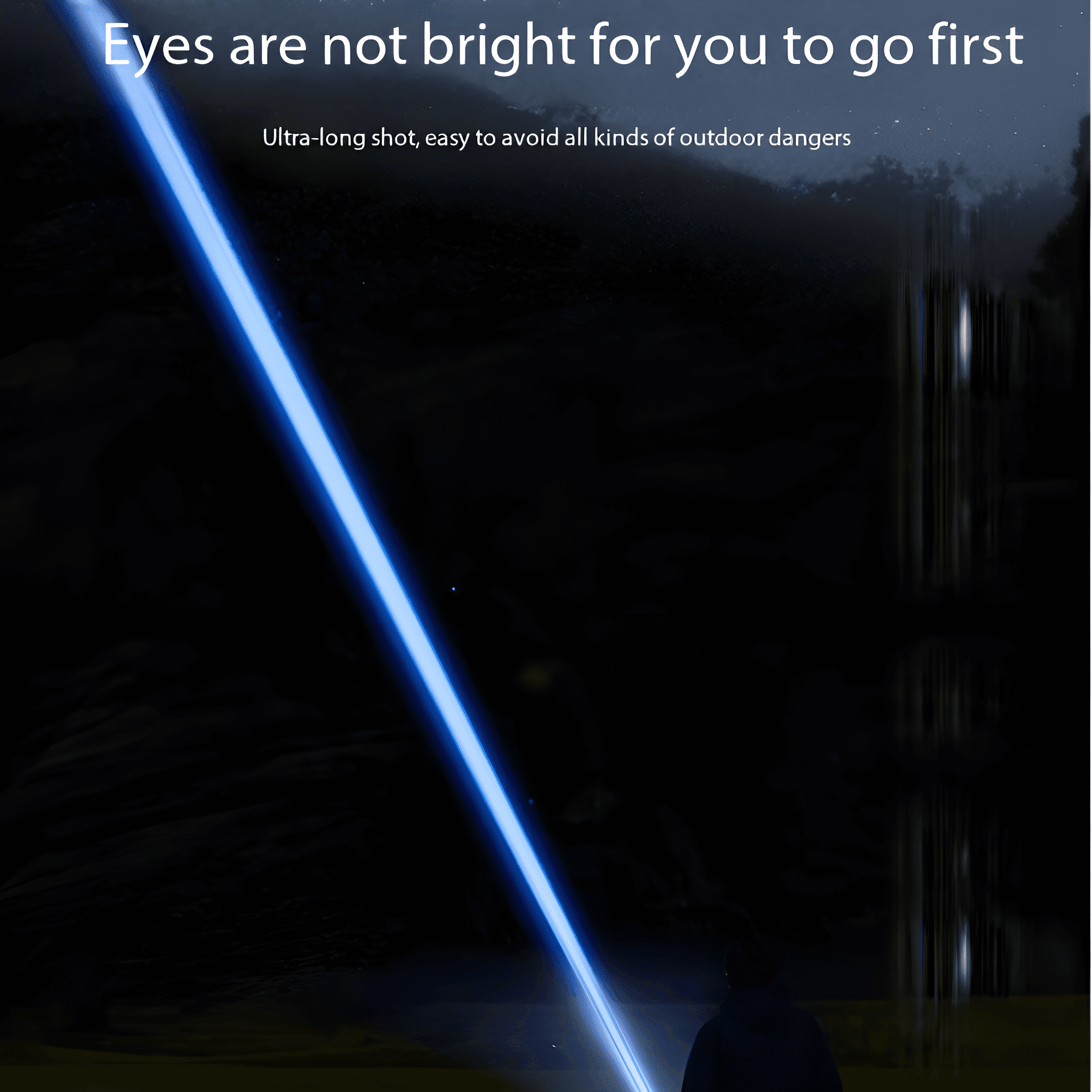 Eine dunkle Szene mit einem hellblauen Lichtstrahl und Textüberlagerung.
