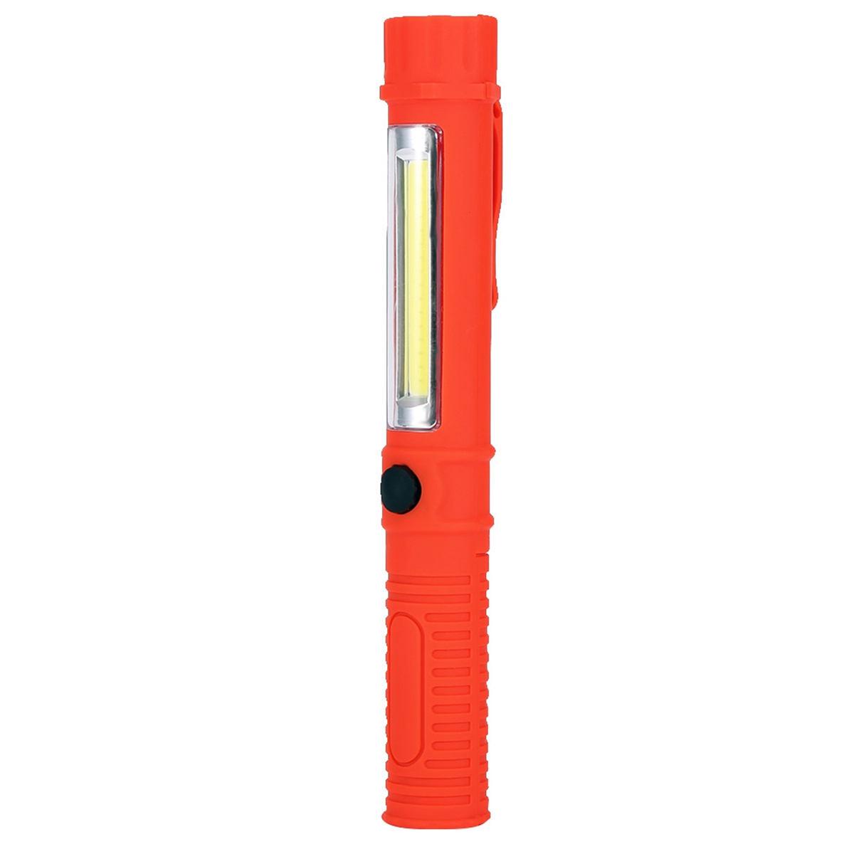 Orangefarbene Taschenlampe mit schwarzem Knopf und Taschenclip.