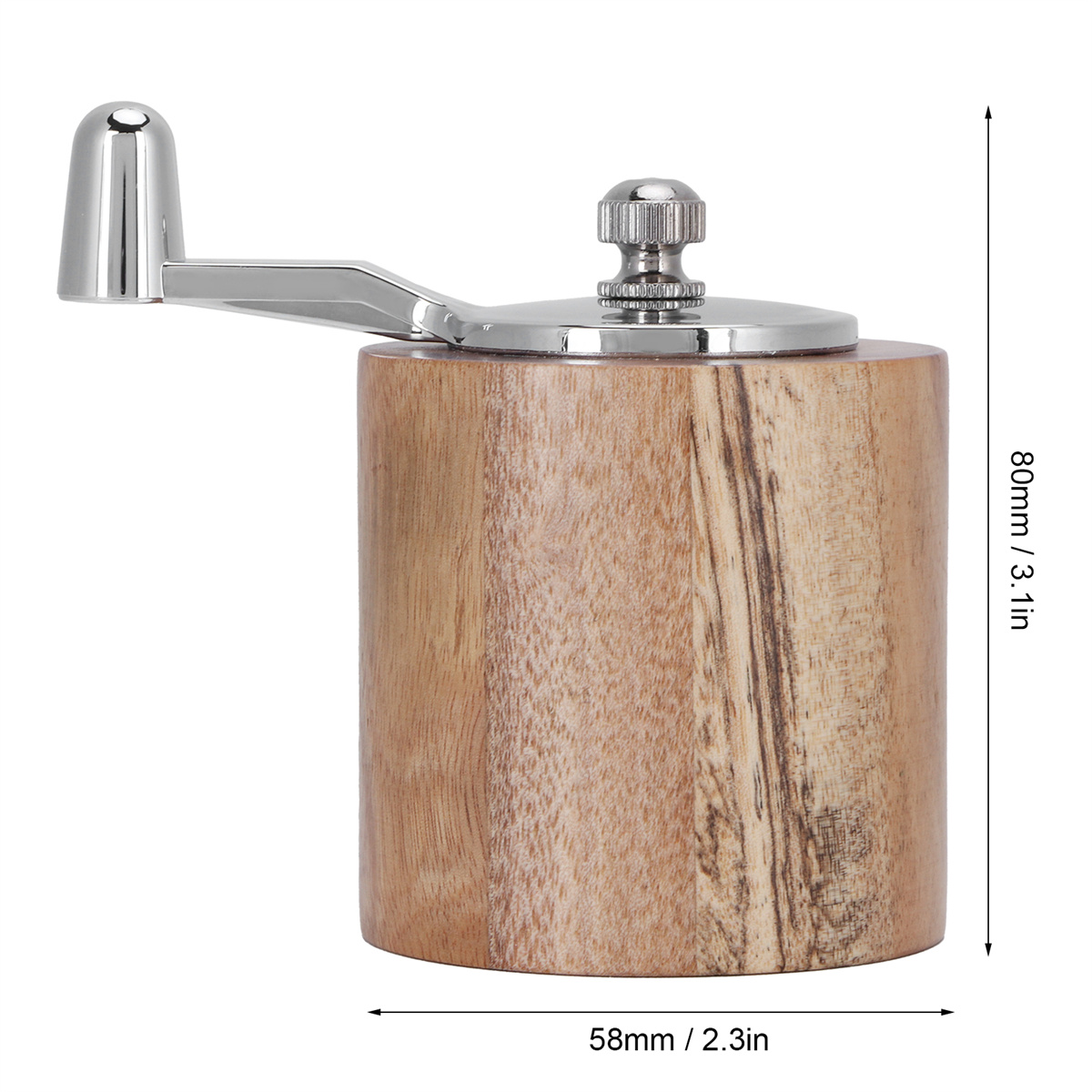 Pfeffermühle aus Holz. Silberner Griff und Oberteil. Abmessungen sind 80 mm x 58 mm.