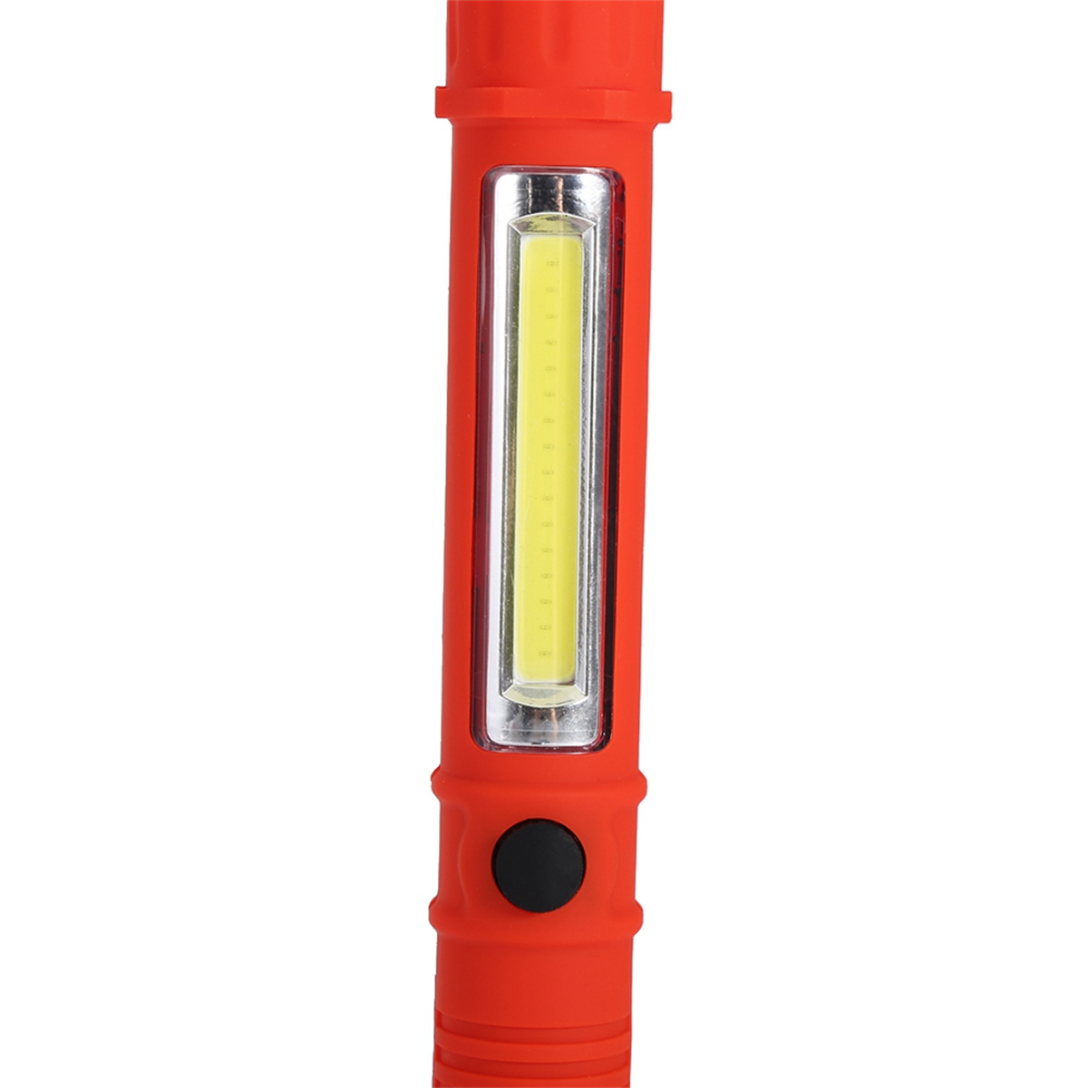 Eine rote Taschenlampe mit einer rechteckigen Lichtquelle in der Mitte. Darunter befindet sich ein schwarzer Knopf.