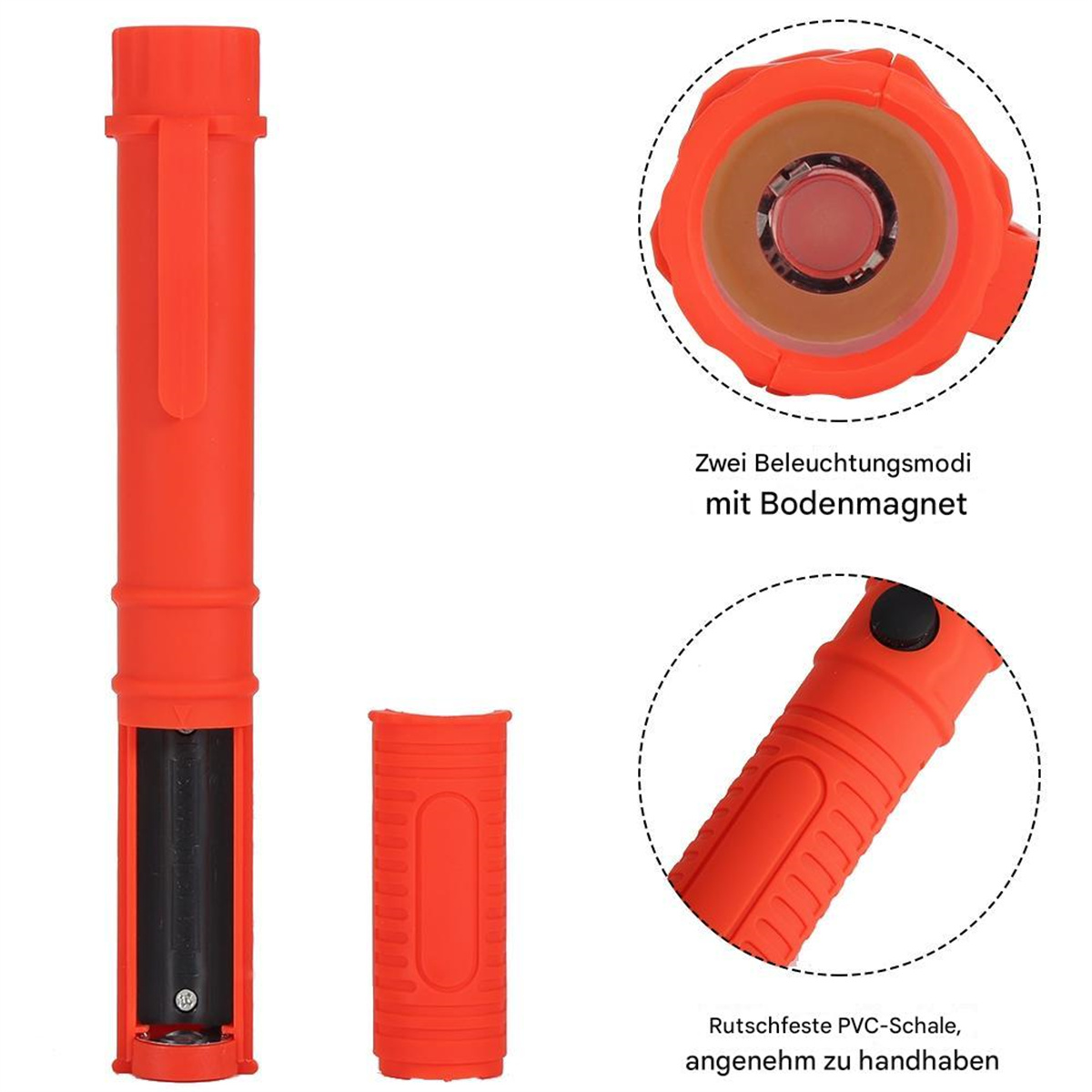 Eine orangefarbene Taschenlampe mit offenem Batteriefach und einem abgenommenen Stück.