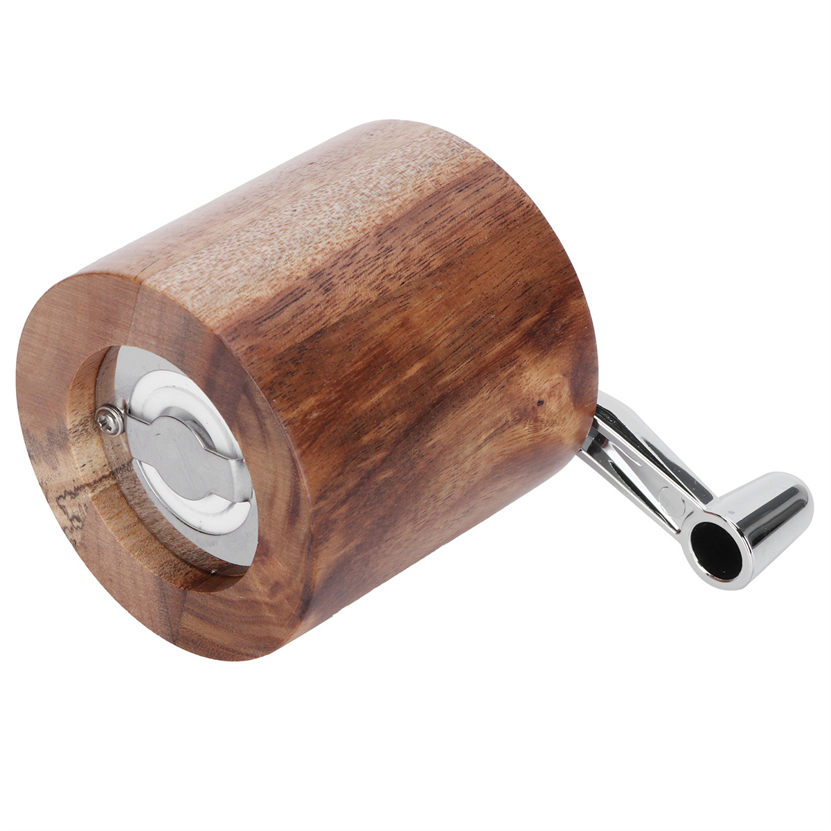Eine hölzerne Pfeffermühle mit silbernem Griff. Der Körper ist zylindrisch.
