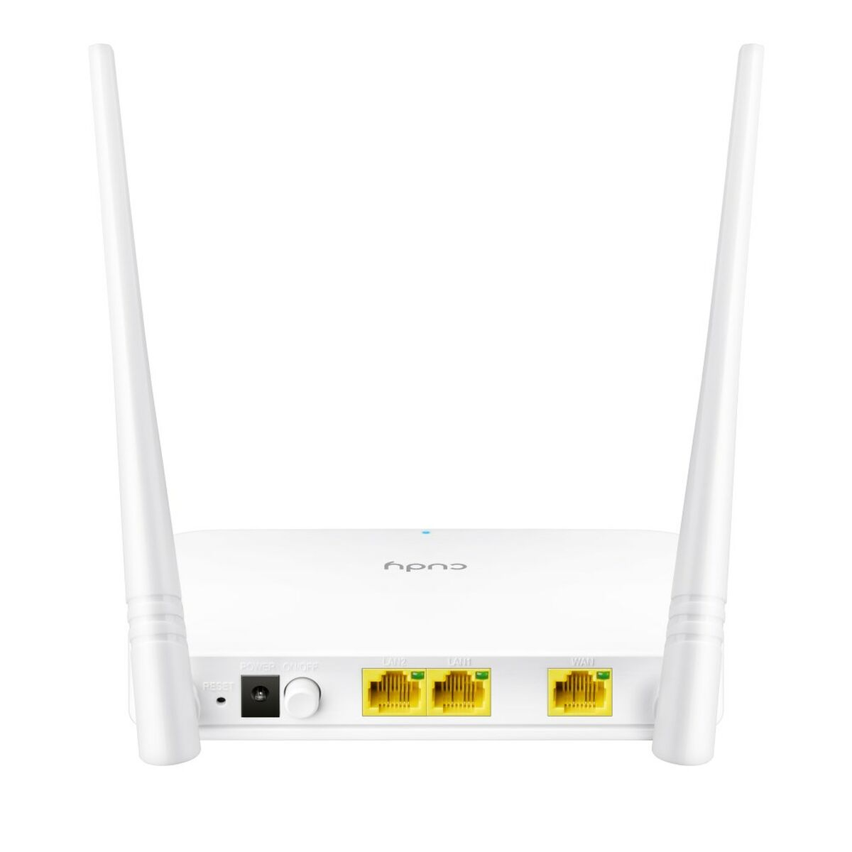 Router Cudy bianco con due antenne. Porte LAN, WAN e alimentazione. Sfondo bianco.