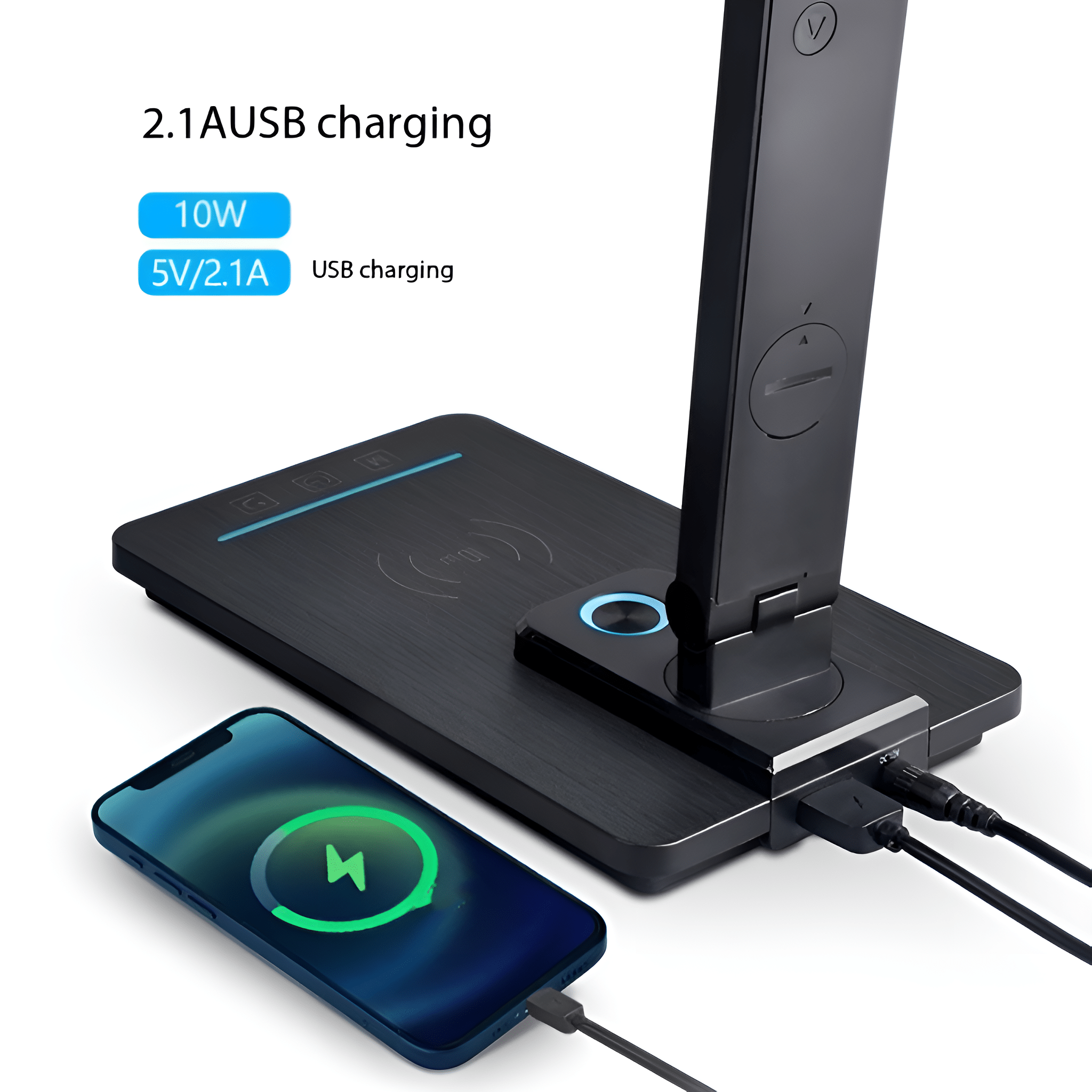 Schwarze Schreibtischlampe mit kabelloser Ladestation und Telefonladung.