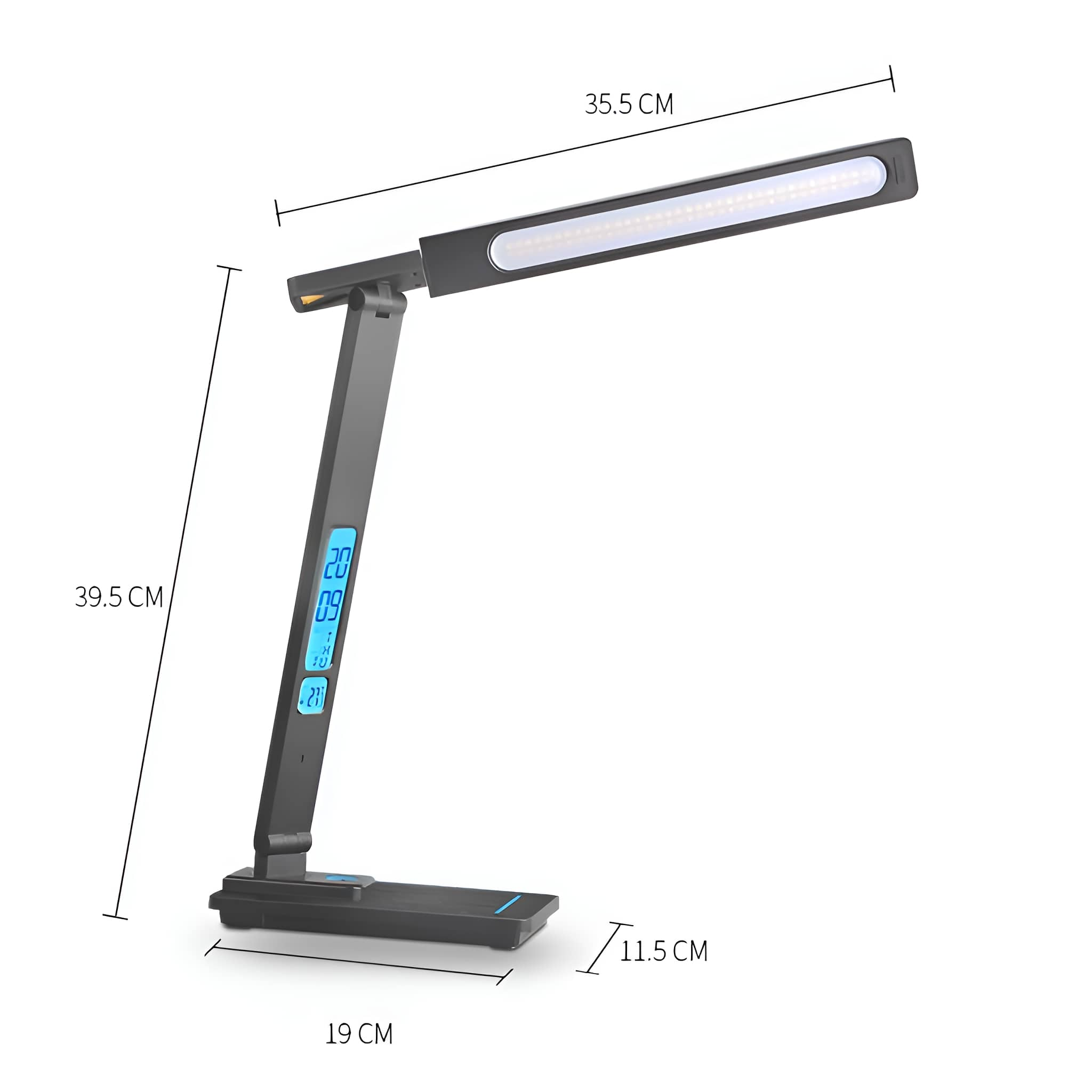 Schwarze Schreibtischlampe mit digitaler Anzeige und langem Lichtbalken. Abmessungen sind angegeben.