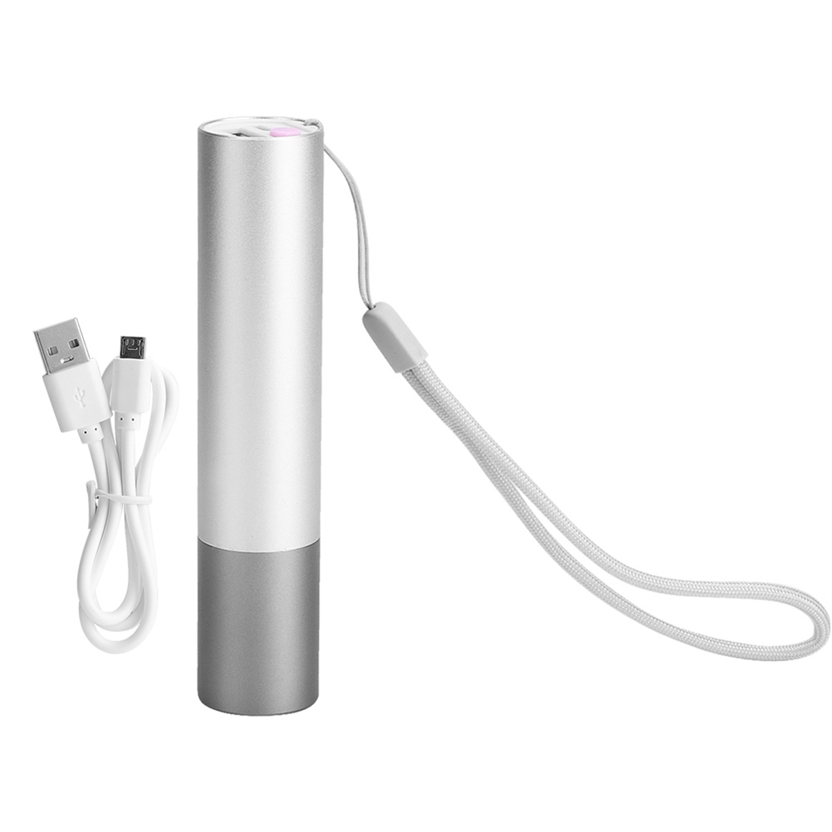 Ein silbernes und graues zylindrisches Gerät mit weißem USB-Kabel und Handschlaufe.