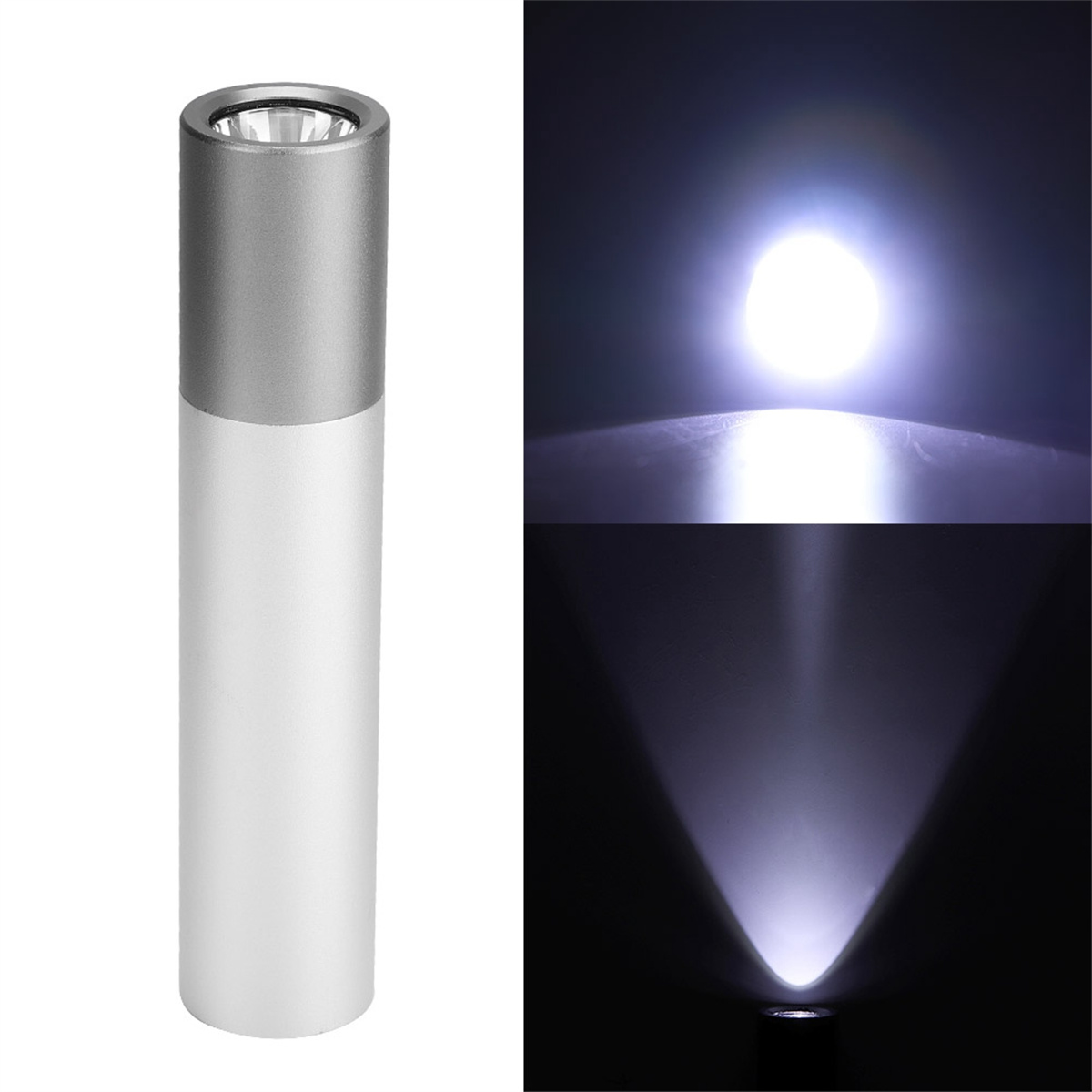 Silberne und weiße Taschenlampe mit hellem Lichtstrahl.