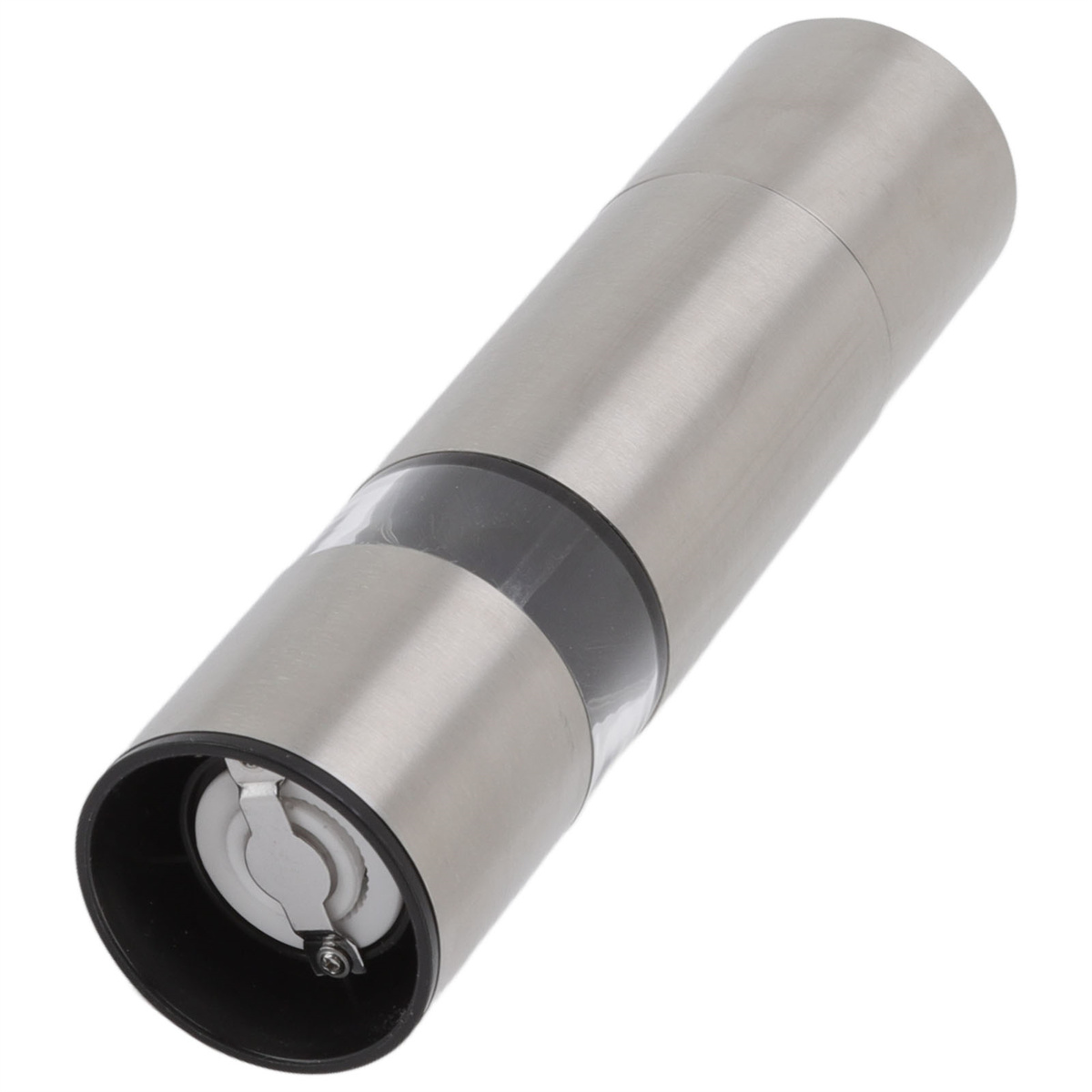 Silberner Pfeffermühle mit transparentem Abschnitt.