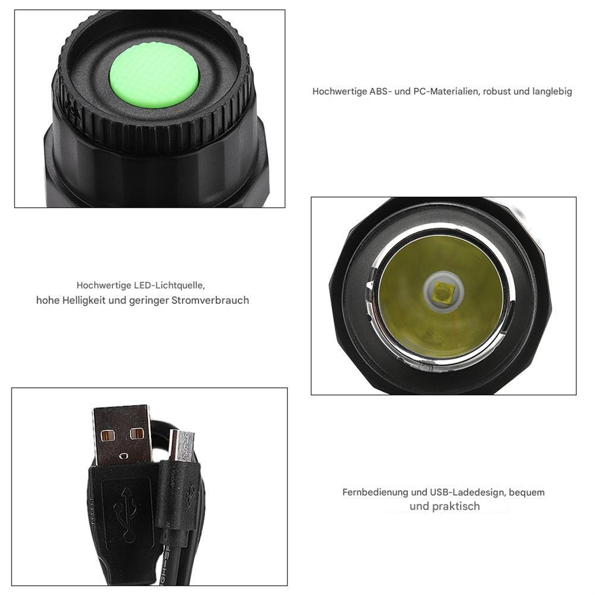 Nahaufnahme einer schwarzen Taschenlampe mit grünem Knopf und verschiedenen Diagrammen.