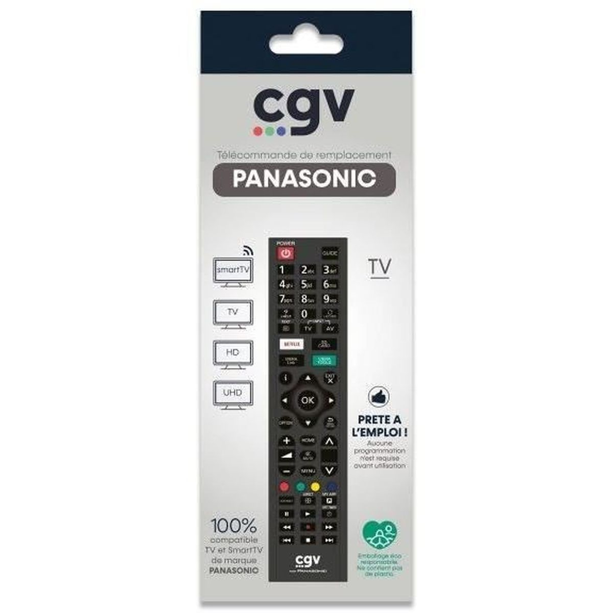 Eine Panasonic TV-Fernbedienung in einer transparenten Kunststoffverpackung, mit einem Etikett als Ersatz.