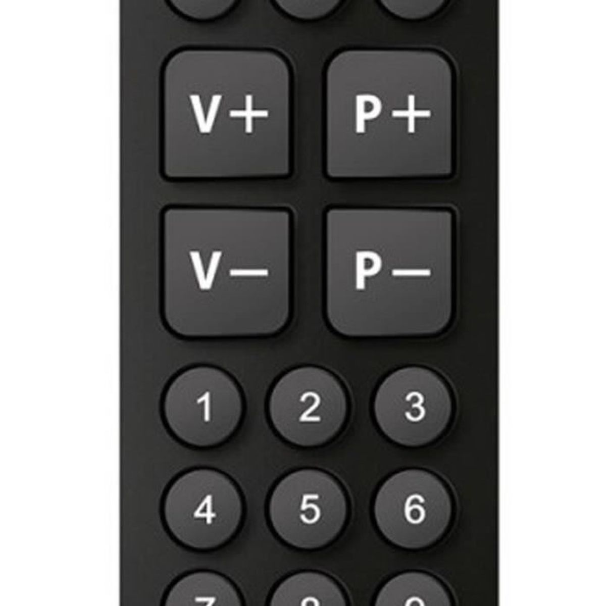 Fernbedienungstasten. V+, P+, V-, P- und die Zahlen 1 bis 9 sind vorhanden.