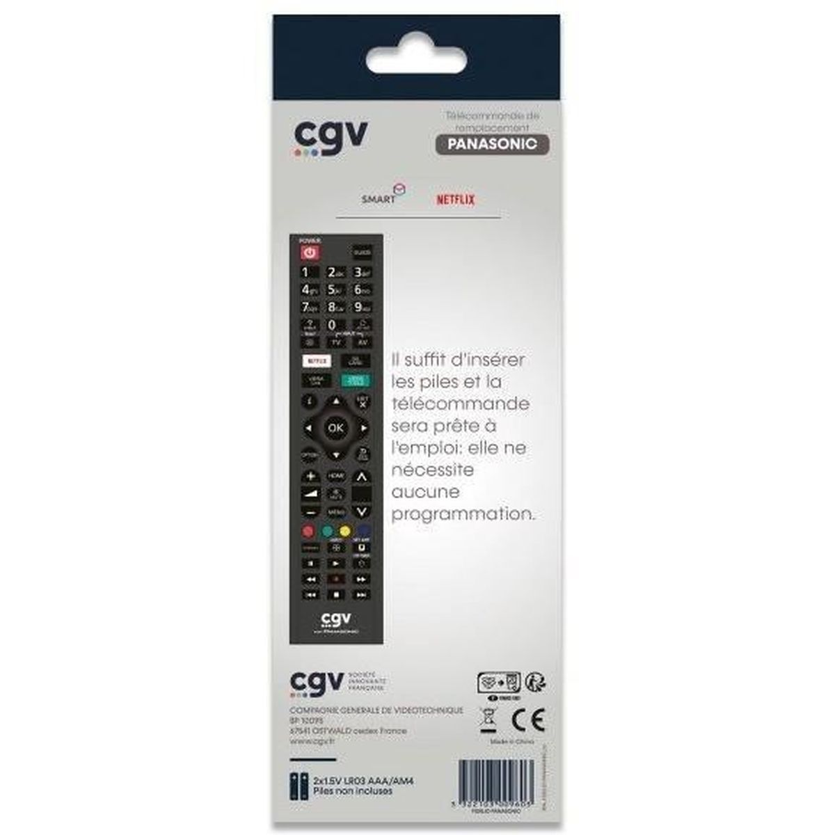 Rückseite einer CGV-Fernbedienung in Verpackung mit Text und Anweisungen.