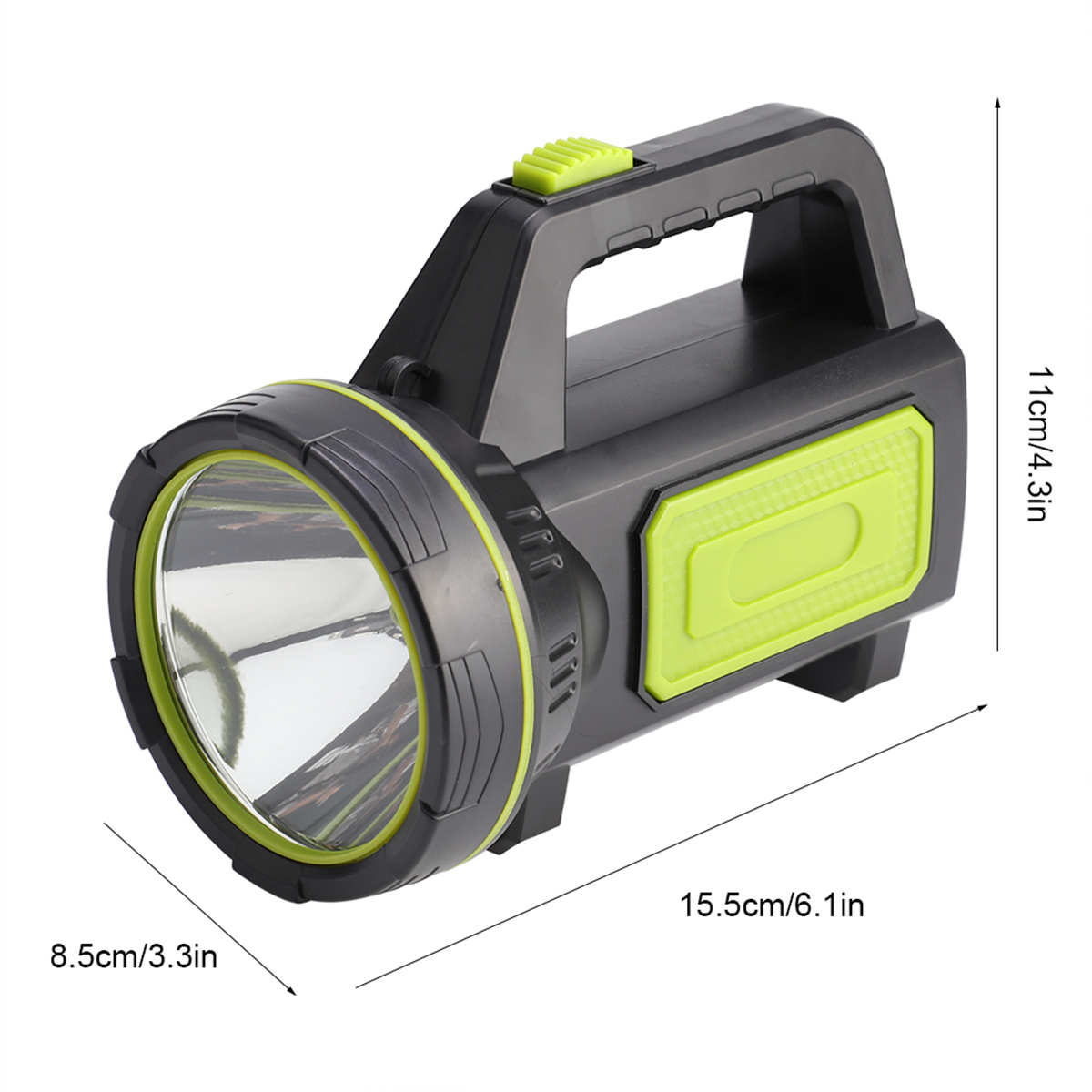 Eine schwarze und grüne Taschenlampe mit Messungen.