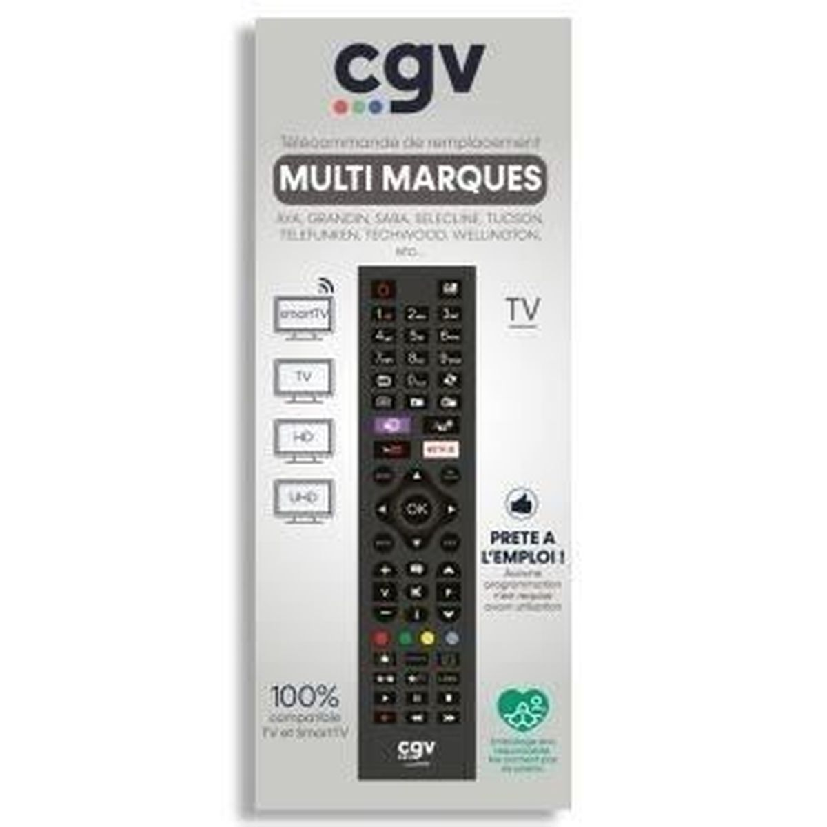 Eine CGV-Fernbedienung für mehrere Marken wird auf weißem Hintergrund gezeigt. Text und Tasten sind sichtbar.