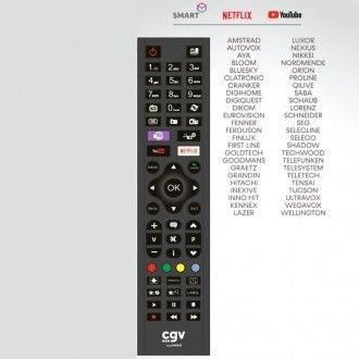 CGV-Fernbedienung mit vielen Tasten und Logos für Smart-TV und Streaming-Dienste.