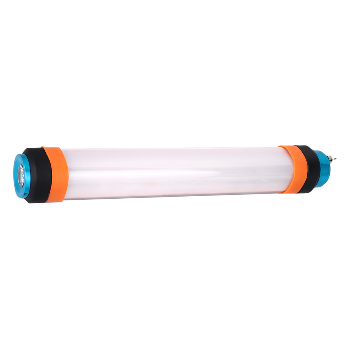 Zylindrische Leuchte mit orangen Enden und blauem Mittelteil.