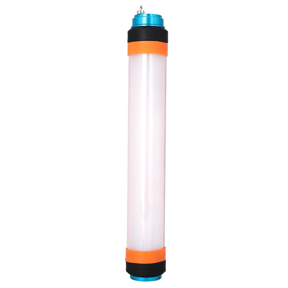 Eine lange, zylindrische blaue und weiße LED-Leuchte mit orangefarbenen Akzenten.
