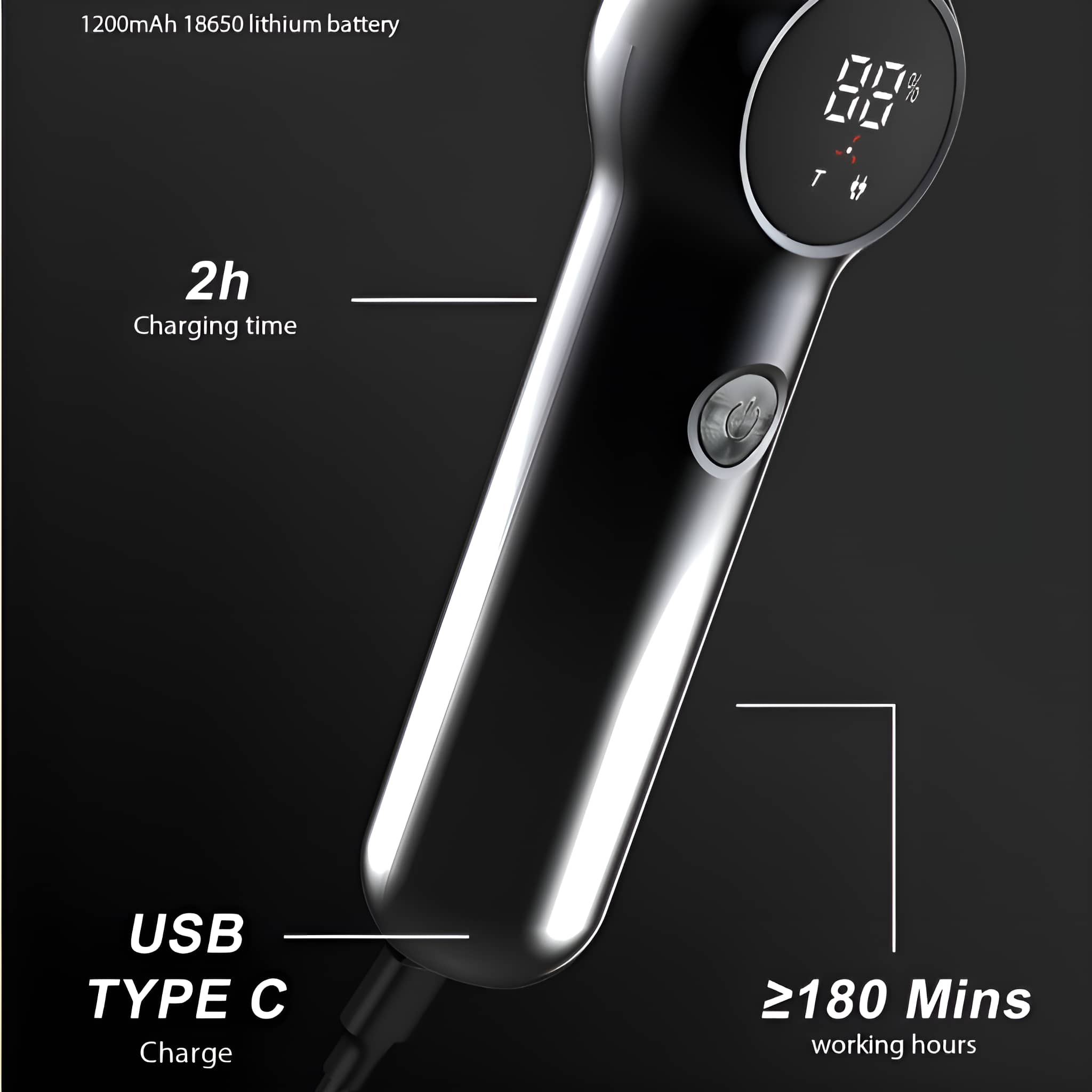 Schwarz-silberner Elektrorasierer, Anzeige mit Akkuprozent, USB-Anschluss.