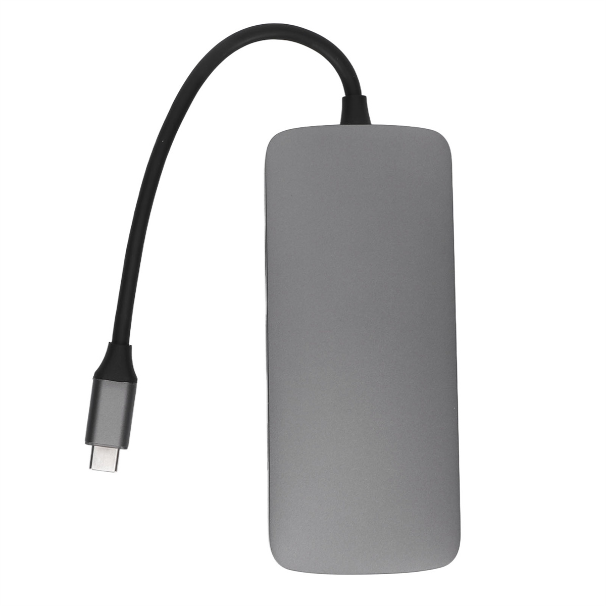 Ein grauer USB-C-Hub mit einem schwarzen Kabel und Stecker auf weißem Hintergrund.