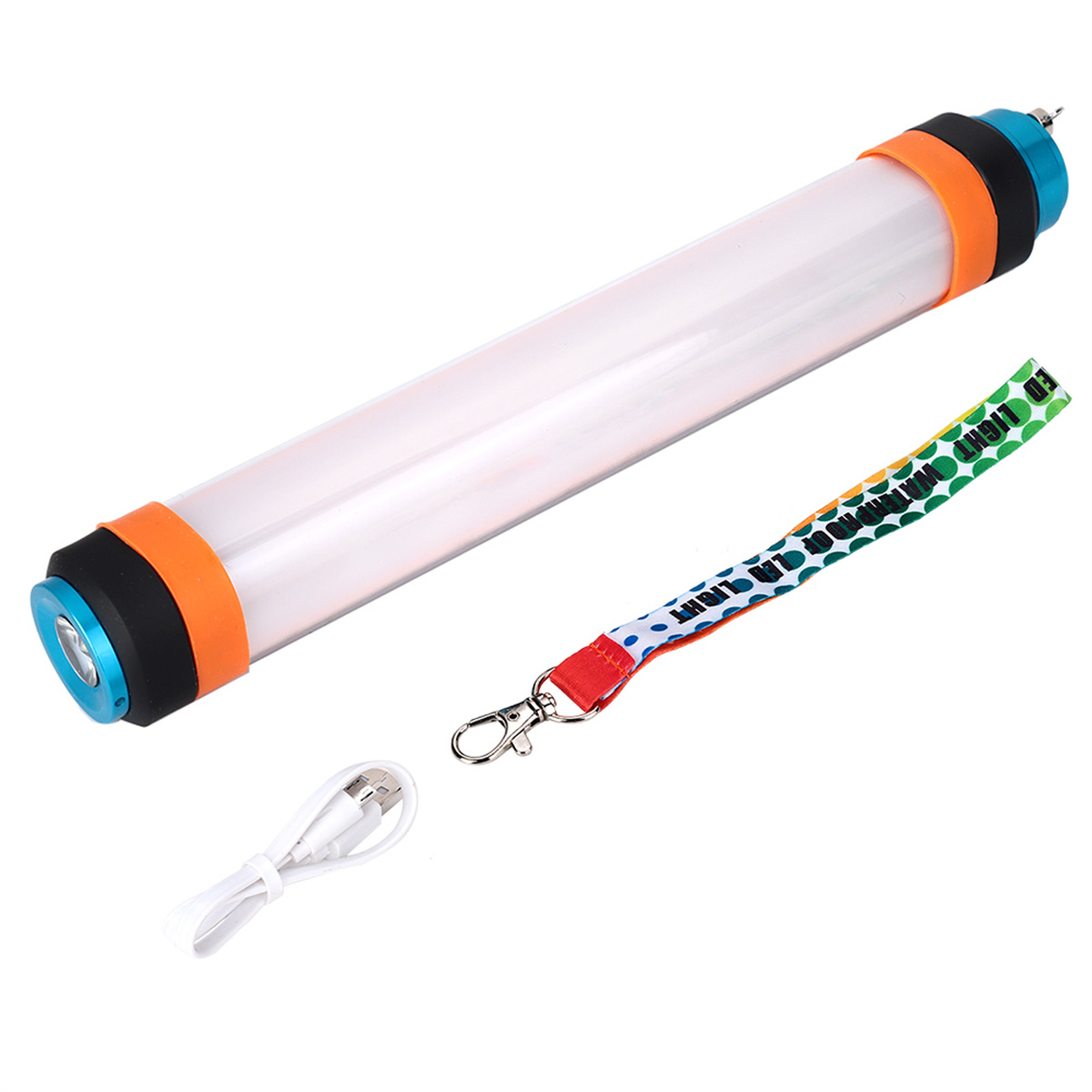 Zylindrische Taschenlampe mit Schlüsselband und Ladekabel.