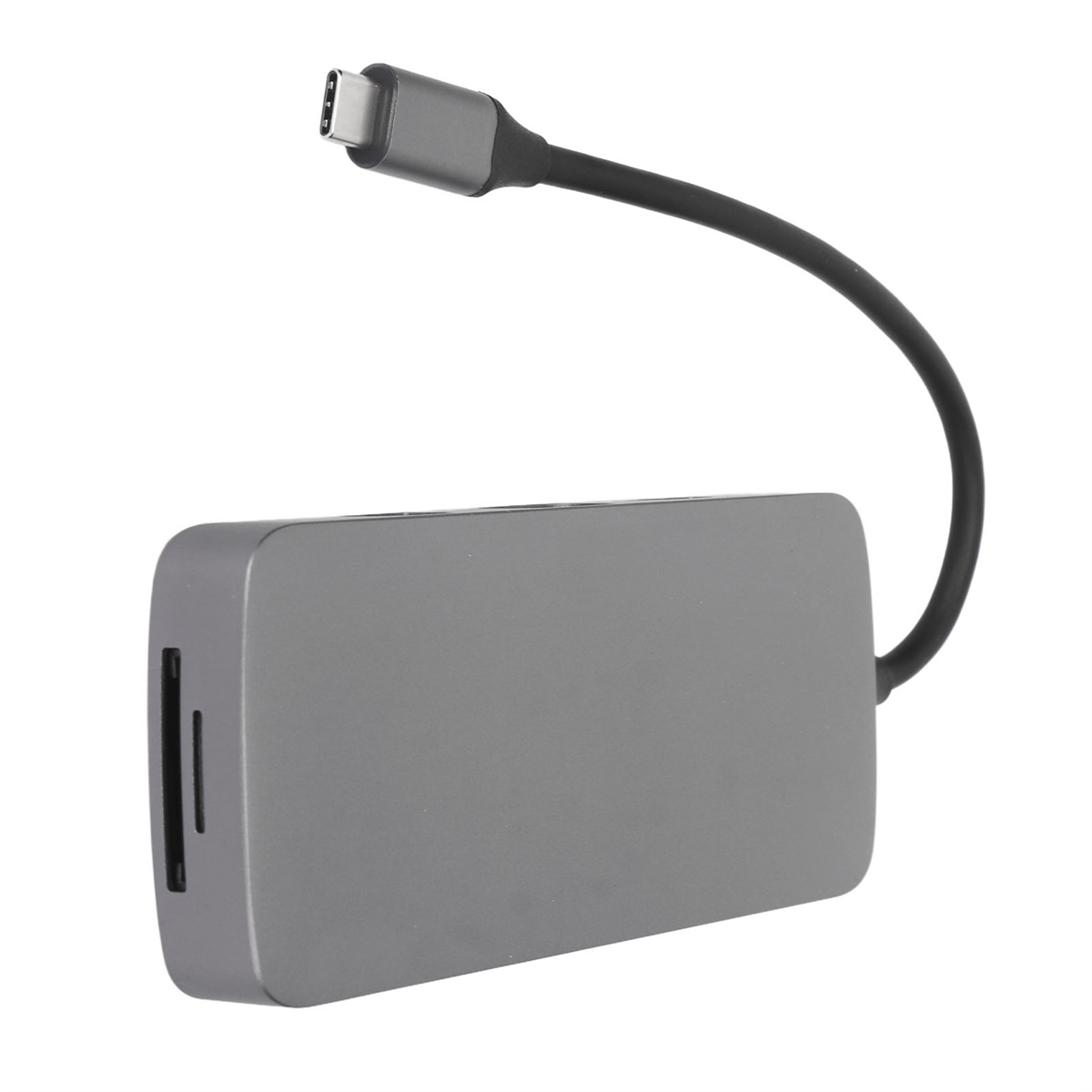 Ein grauer USB-C-Hub mit schwarzem Kabel und Kartenleserschlitz.