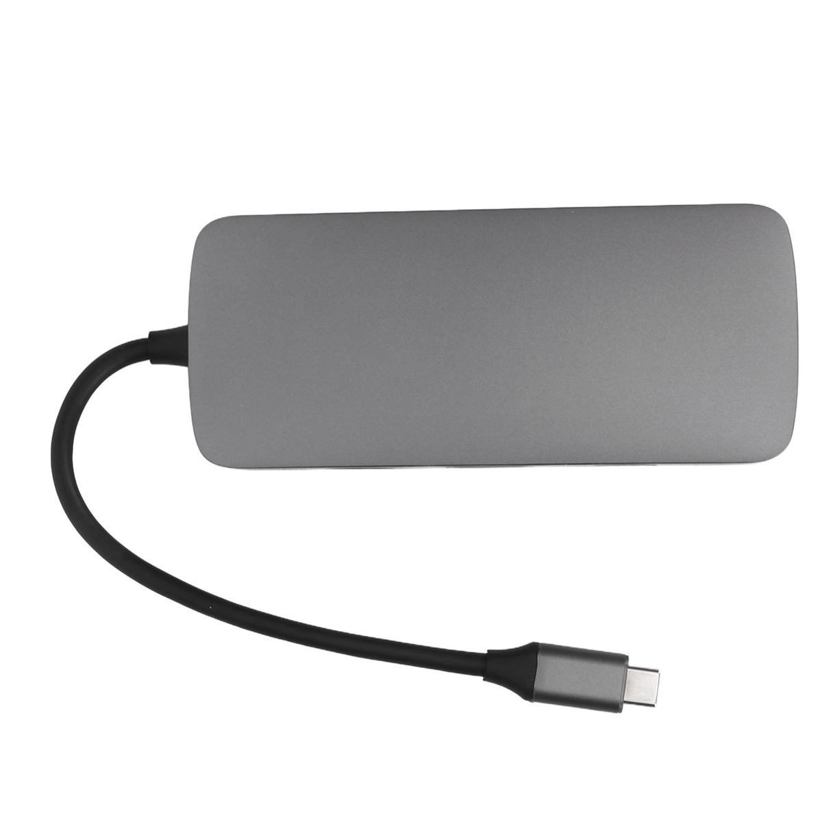 Grauer USB-C-Hub mit schwarzem Kabel. Der Hub hat ein graues Gehäuse und einen USB-C-Anschluss.