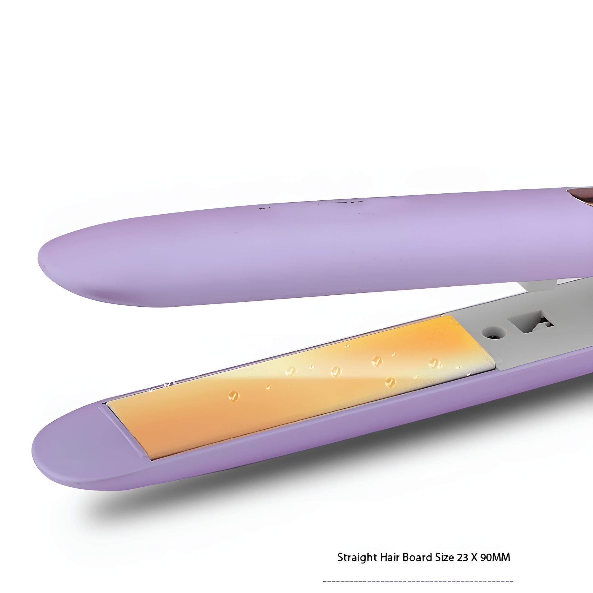 Ein lila Haarglätter mit orangefarbenen Platten mit Wassertropfen.
