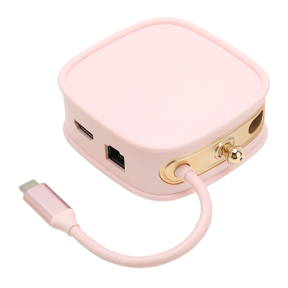 Rosa USB-Hub mit USB-C-Kabel. Goldakzente und Anschlüsse sind sichtbar.