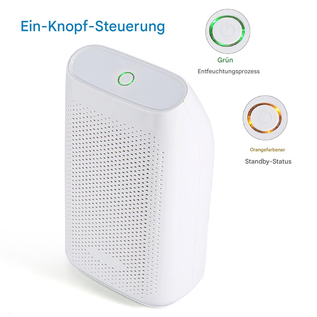 Ein weißer Luftentfeuchter mit grünen und orangen Lichtern und einem Bedienfeld.