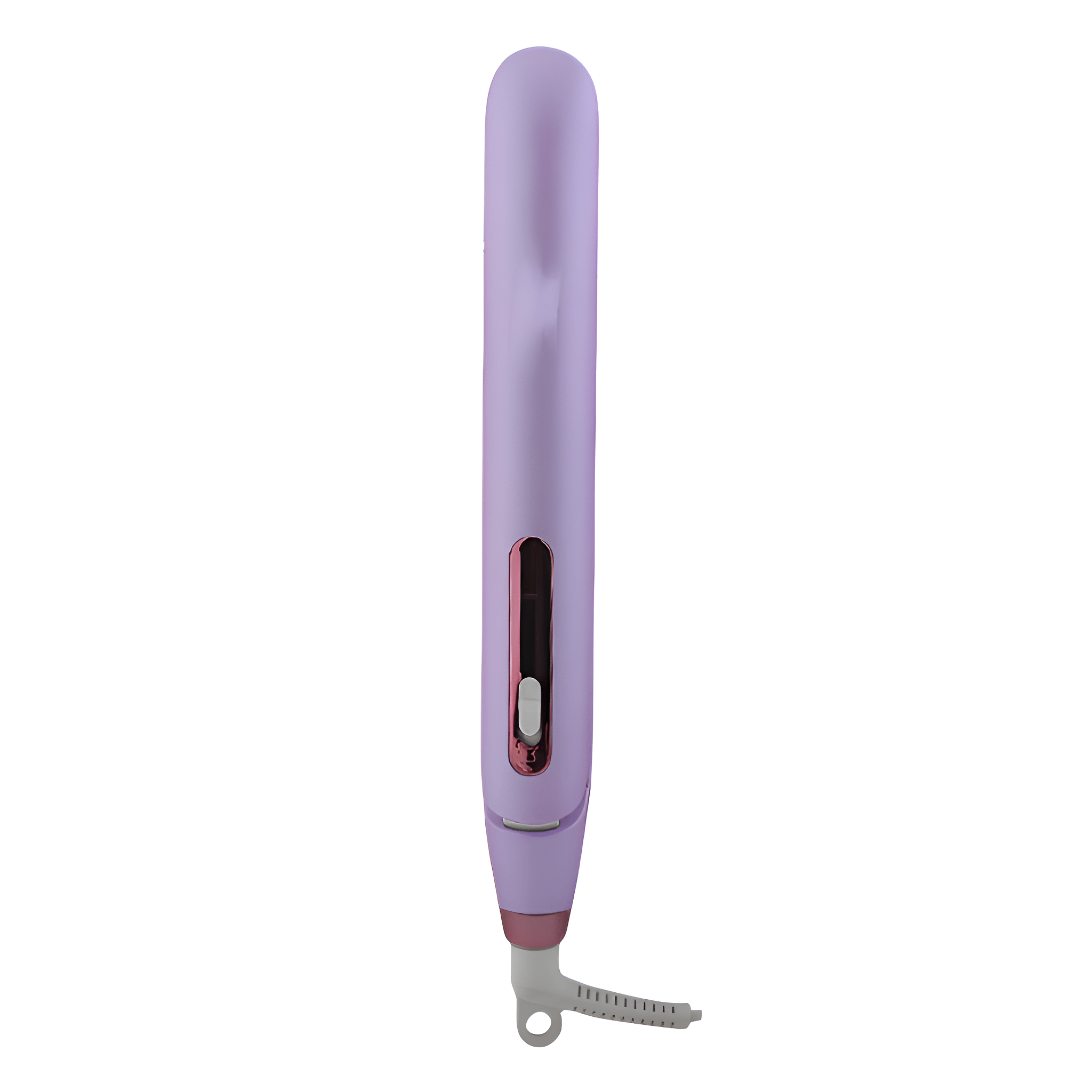 Ein lila Haarglätter mit pinkfarbenem Akzent und weißer Spitze.