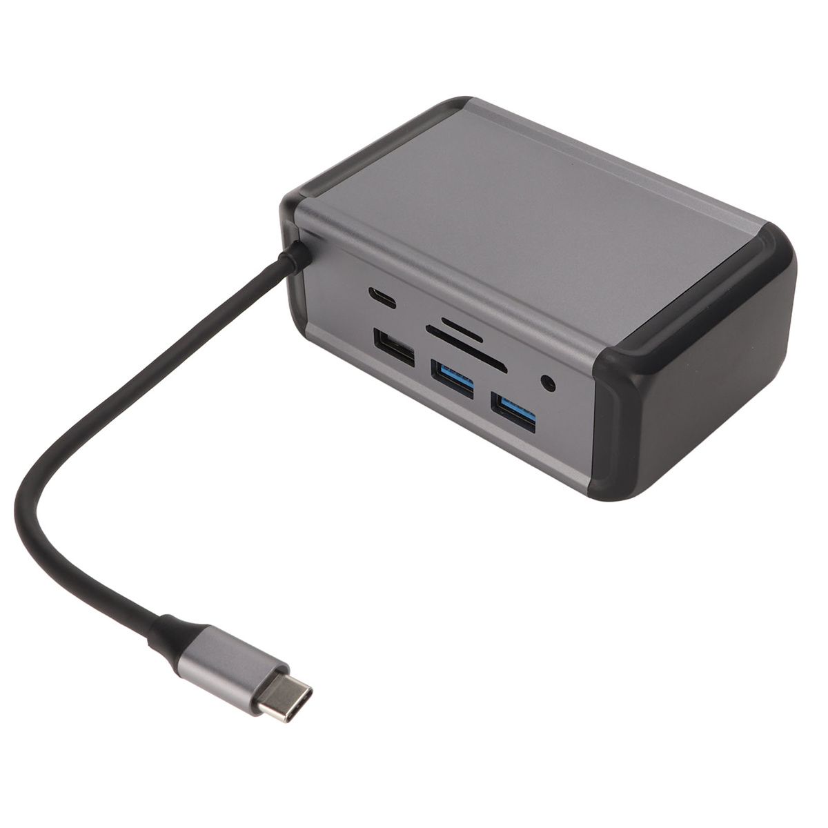 Grauer USB-C-Hub mit mehreren Anschlüssen. Er hat ein schwarzes Kabel. Weißer Hintergrund.