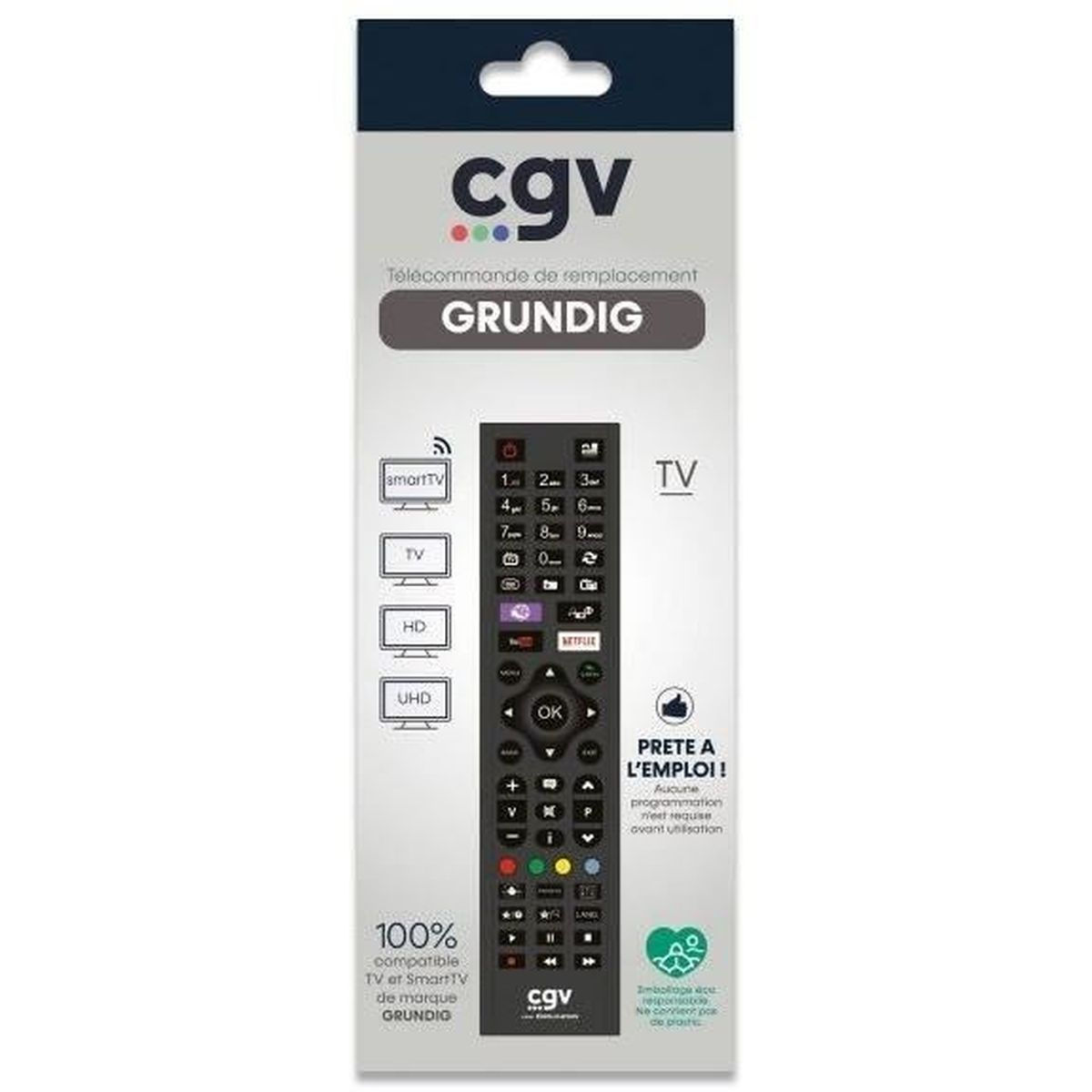 TV-Fernbedienung in einer schwarz-weißen Verpackung mit der Marke CGV und Grundig. Die Fernbedienung hat viele Tasten.