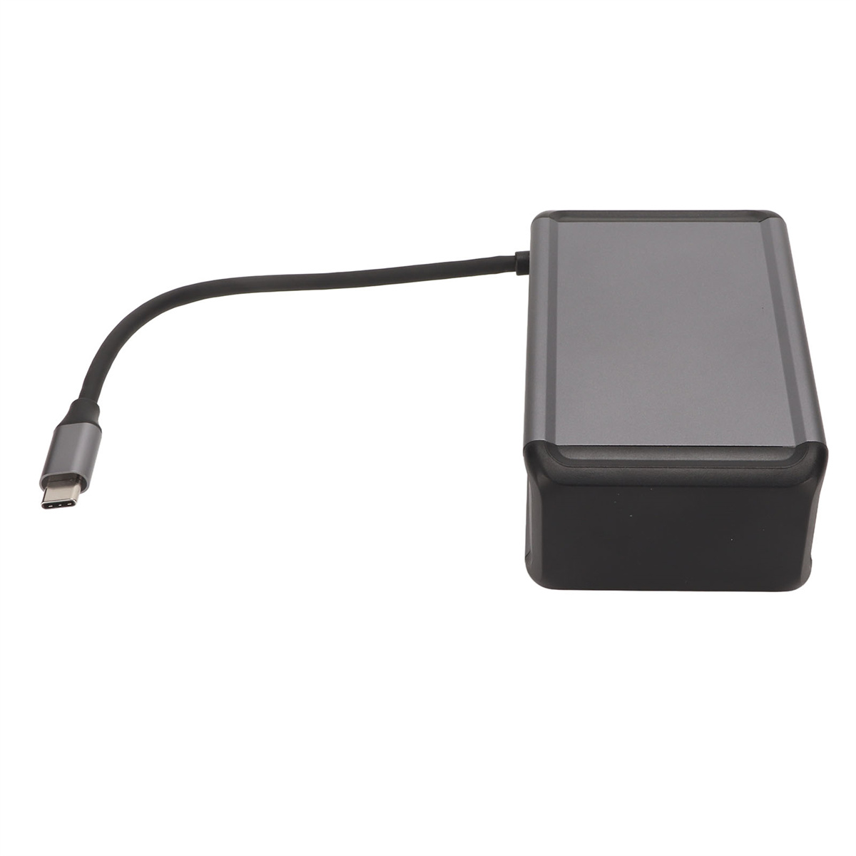 Ein grauer USB-C-Hub mit schwarzem Kabel und Anschluss.