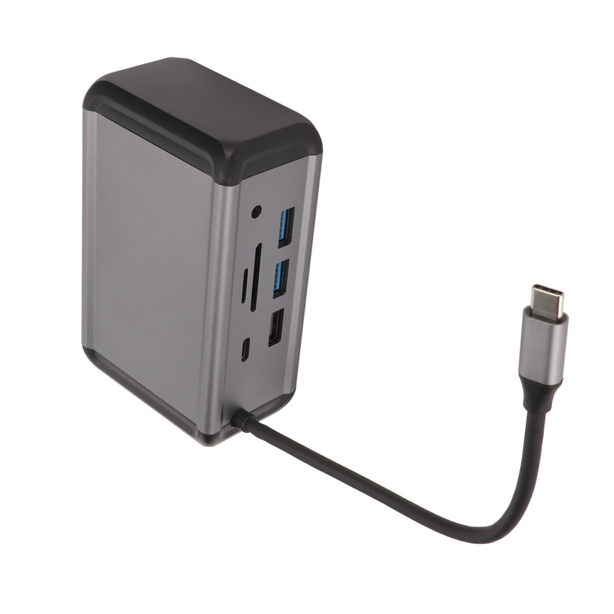 Silberner und schwarzer USB-C-Hub mit mehreren Anschlüssen. Ein schwarzes Kabel mit USB-C-Anschluss.