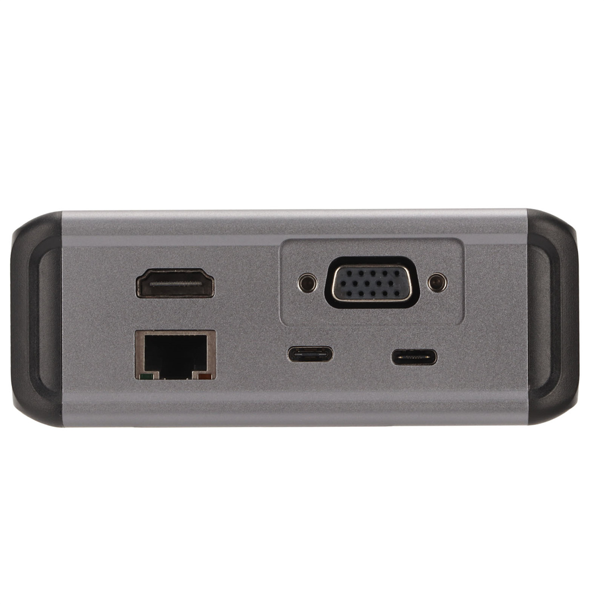 Graues Gerät mit Anschlüssen: USB, Ethernet, VGA und zwei USB-C. Schwarzer Rahmen.