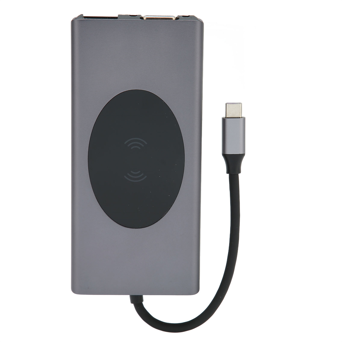 Grauer Hub mit kabelloser Ladestation und angeschlossenem schwarzen USB-C-Kabel.